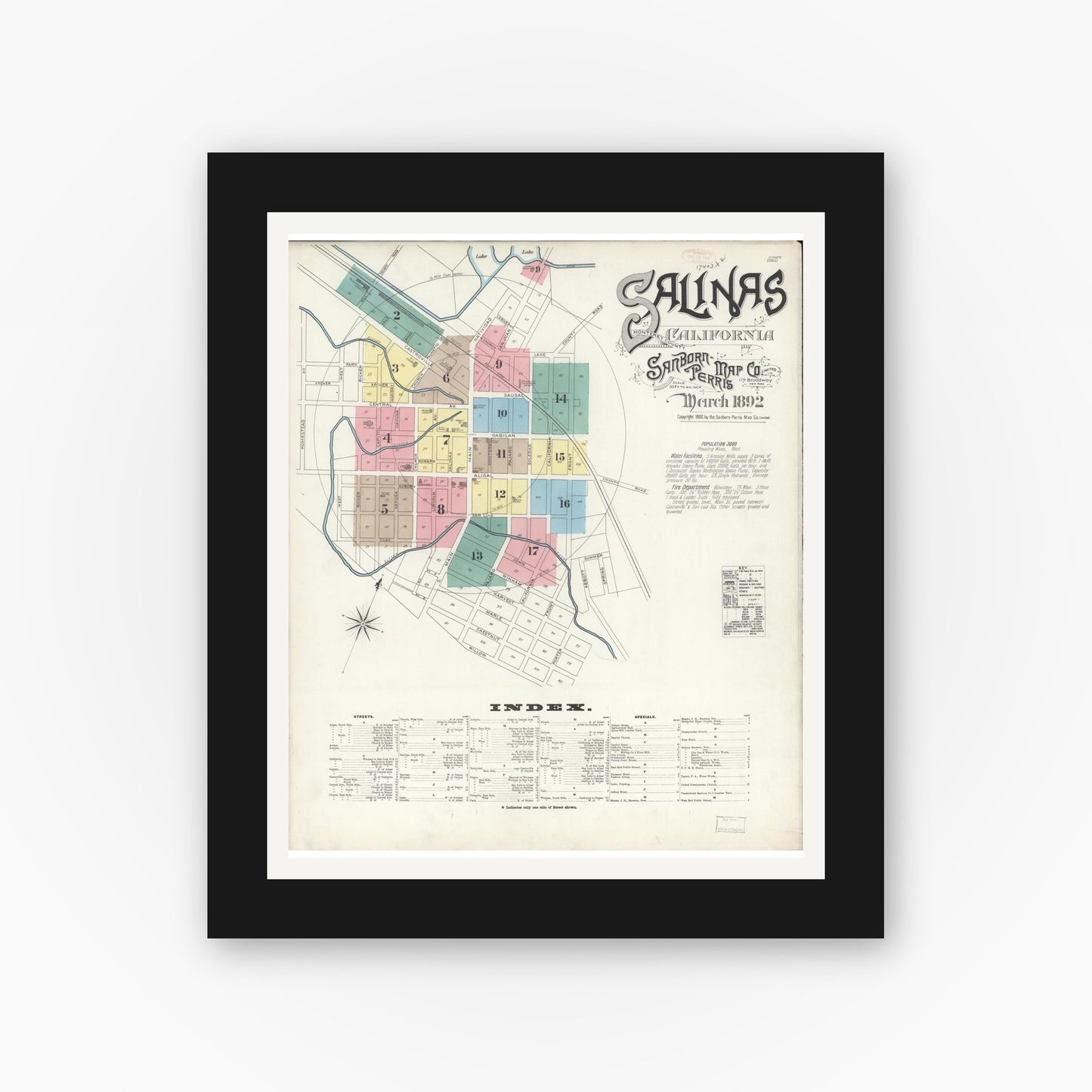 Old map wall art mockup — black gallery frame with white mat — Sanborn Fire Insurance Map from Salinas, Monterey County, California (1892) - Complete Map Set
