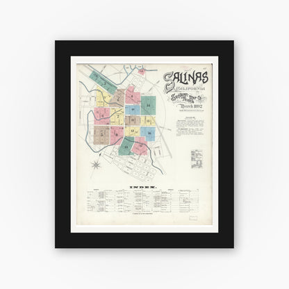 Old map wall art mockup — black gallery frame with white mat — Sanborn Fire Insurance Map from Salinas, Monterey County, California (1892) - Complete Map Set