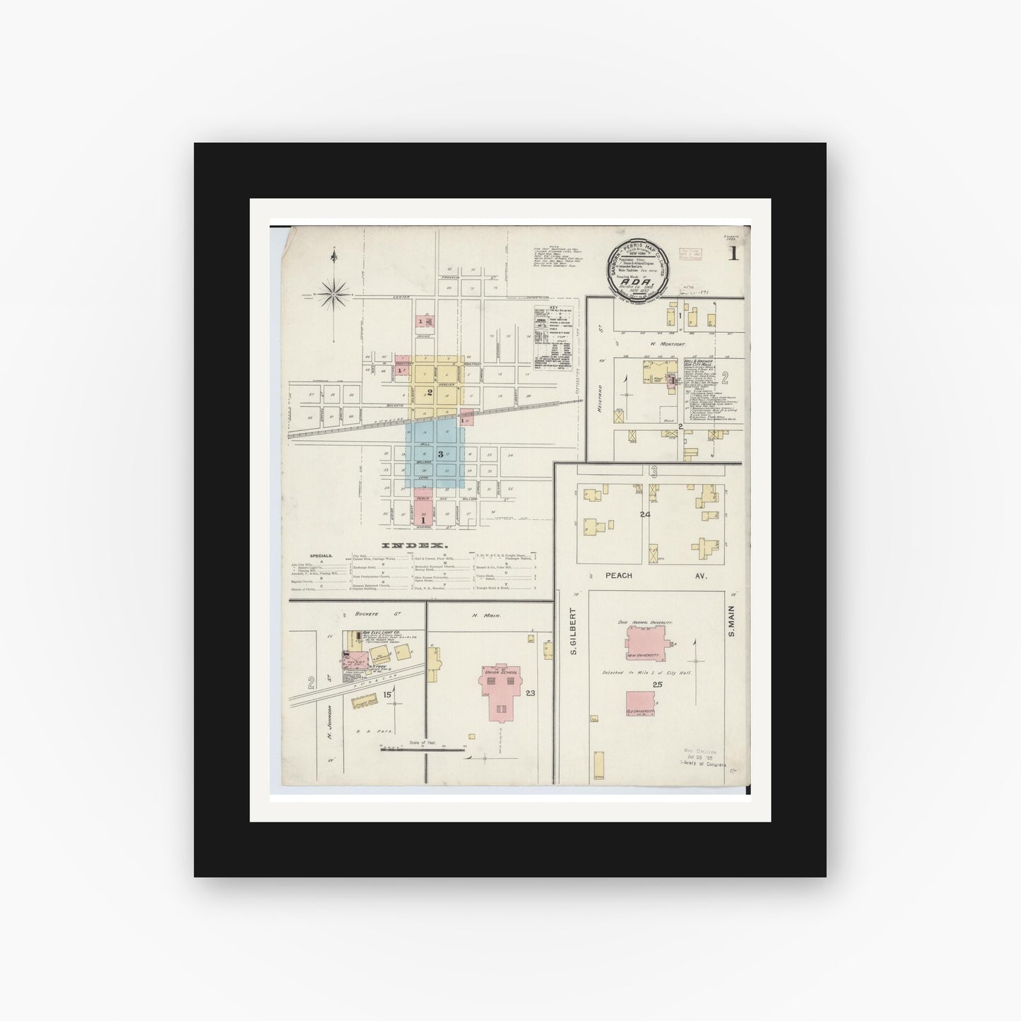 Old map wall art mockup — black gallery frame with white mat — Sanborn Fire Insurance Map from Ada, Hardin County, Ohio (1892) - Complete Map Set