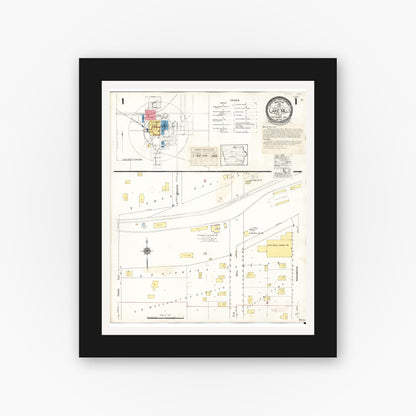 Old map wall art mockup — black gallery frame with white mat — Sanborn Fire Insurance Map from Lake Mills, Winnebago County, Iowa (1935), Sheet #0001