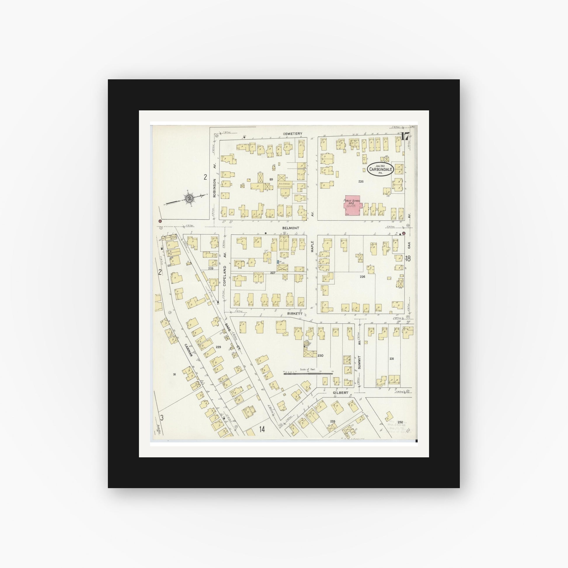 Old map wall art mockup — black gallery frame with white mat — Sanborn Fire Insurance Map from Carbondale, Lackawanna County, Pennsylvania (1912), Sheet #0017