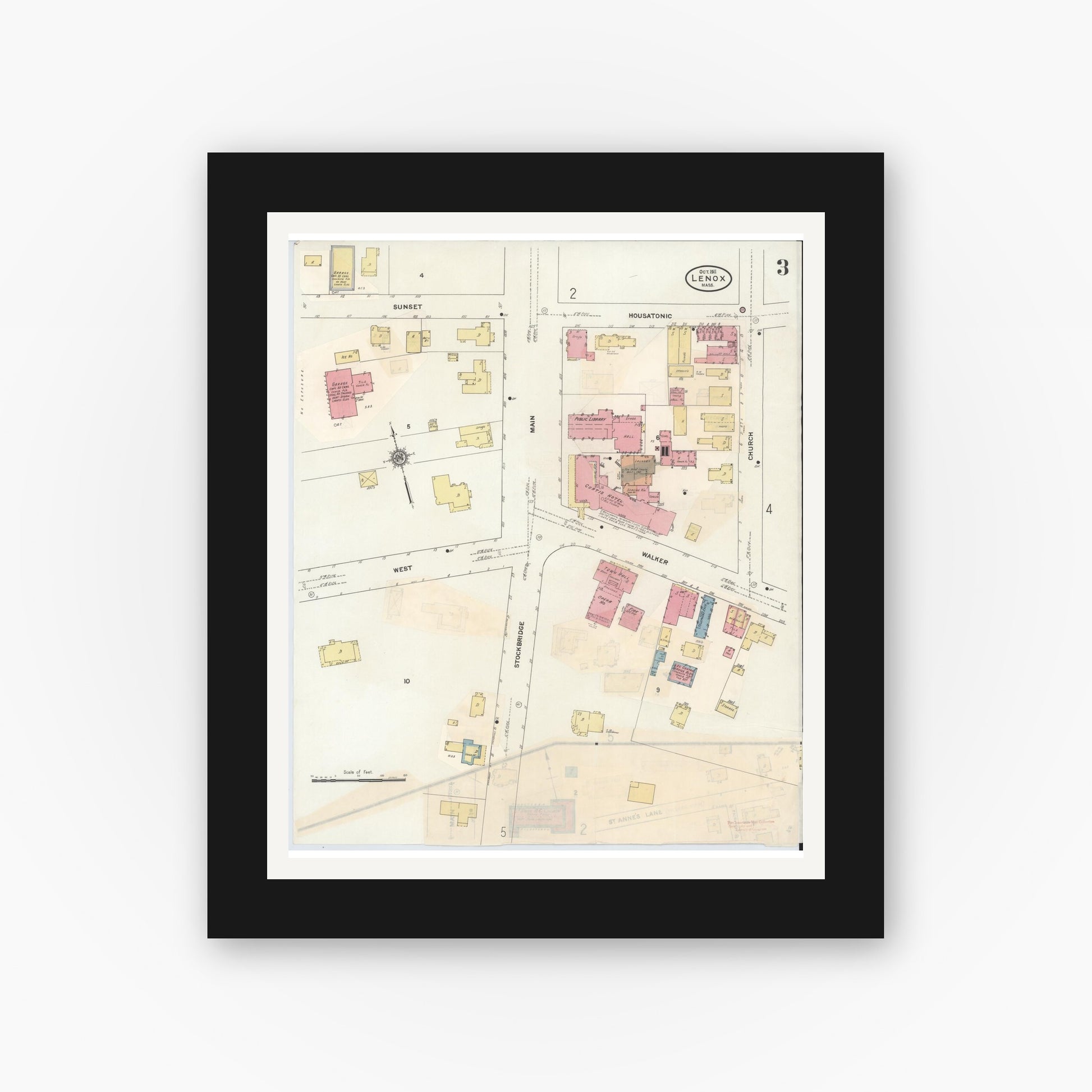 Old map wall art mockup — black gallery frame with white mat — Sanborn Fire Insurance Map from Lenox, Berkshire County, Massachusetts (1939), Sheet #0003