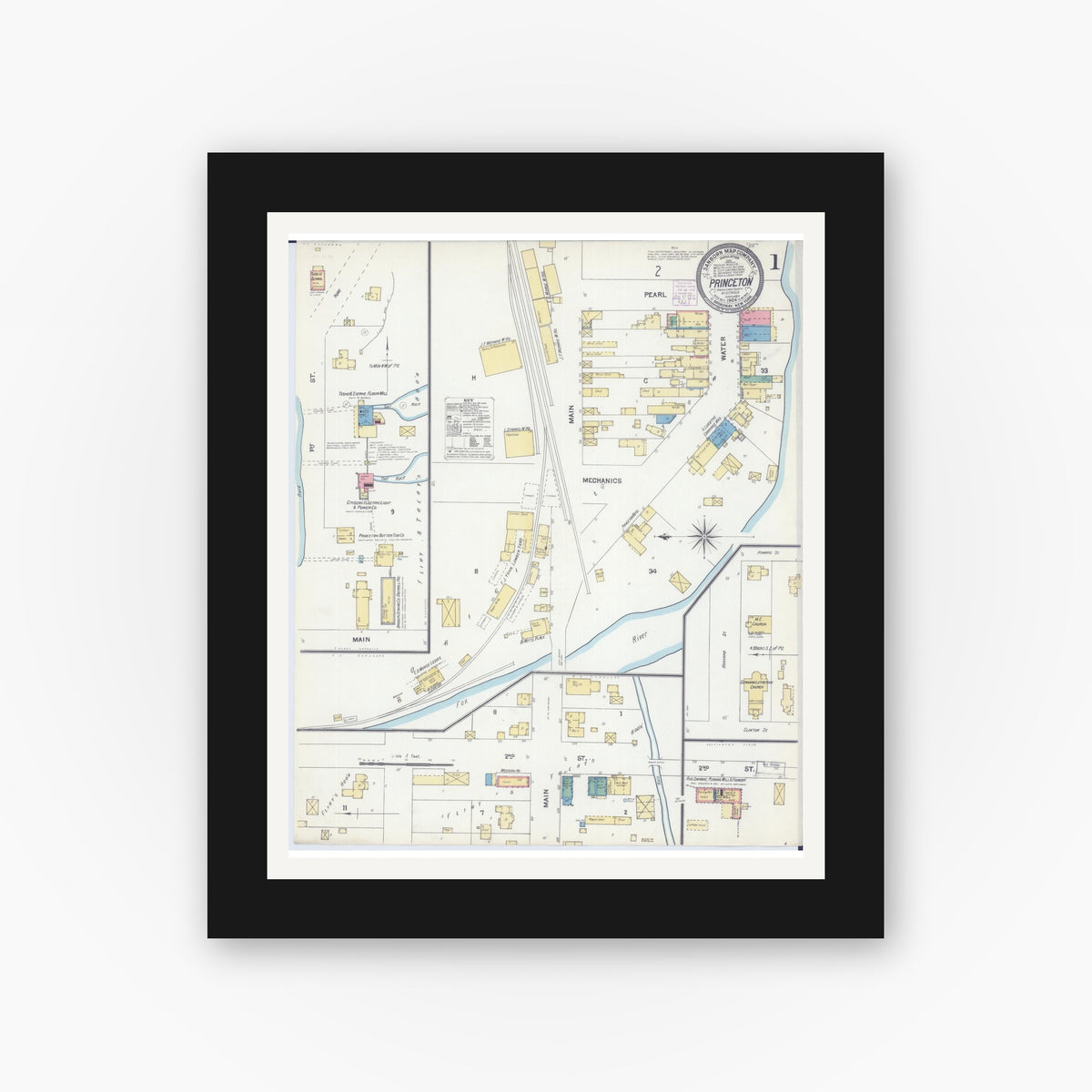 Old map wall art mockup — black gallery frame with white mat — Sanborn Fire Insurance Map from Princeton, Green Lake County, Wisconsin (1904) - Complete Map Set