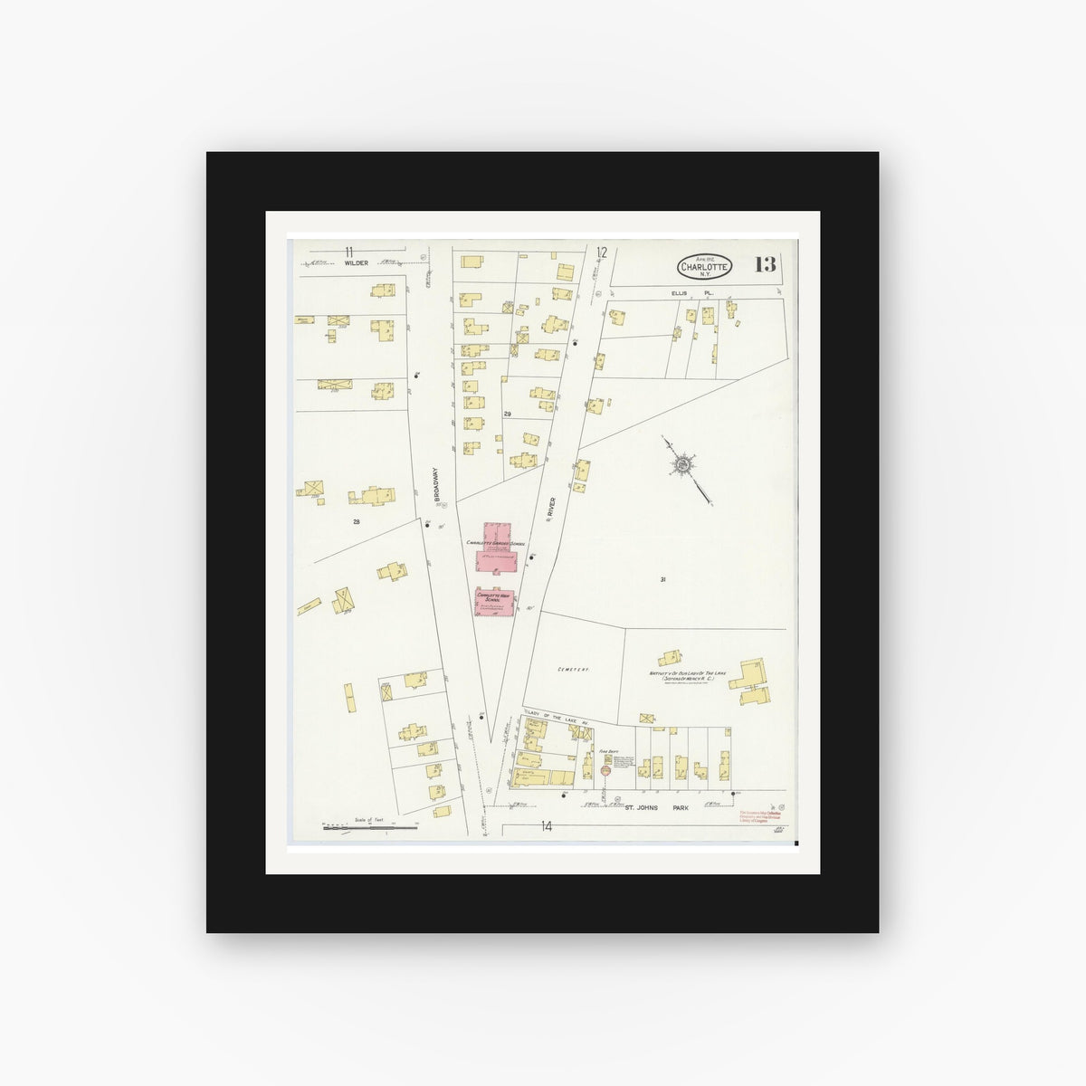 Old map wall art mockup — black gallery frame with white mat — Sanborn Fire Insurance Map from Charlotte, Monroe County, New York (1912), Sheet #0013