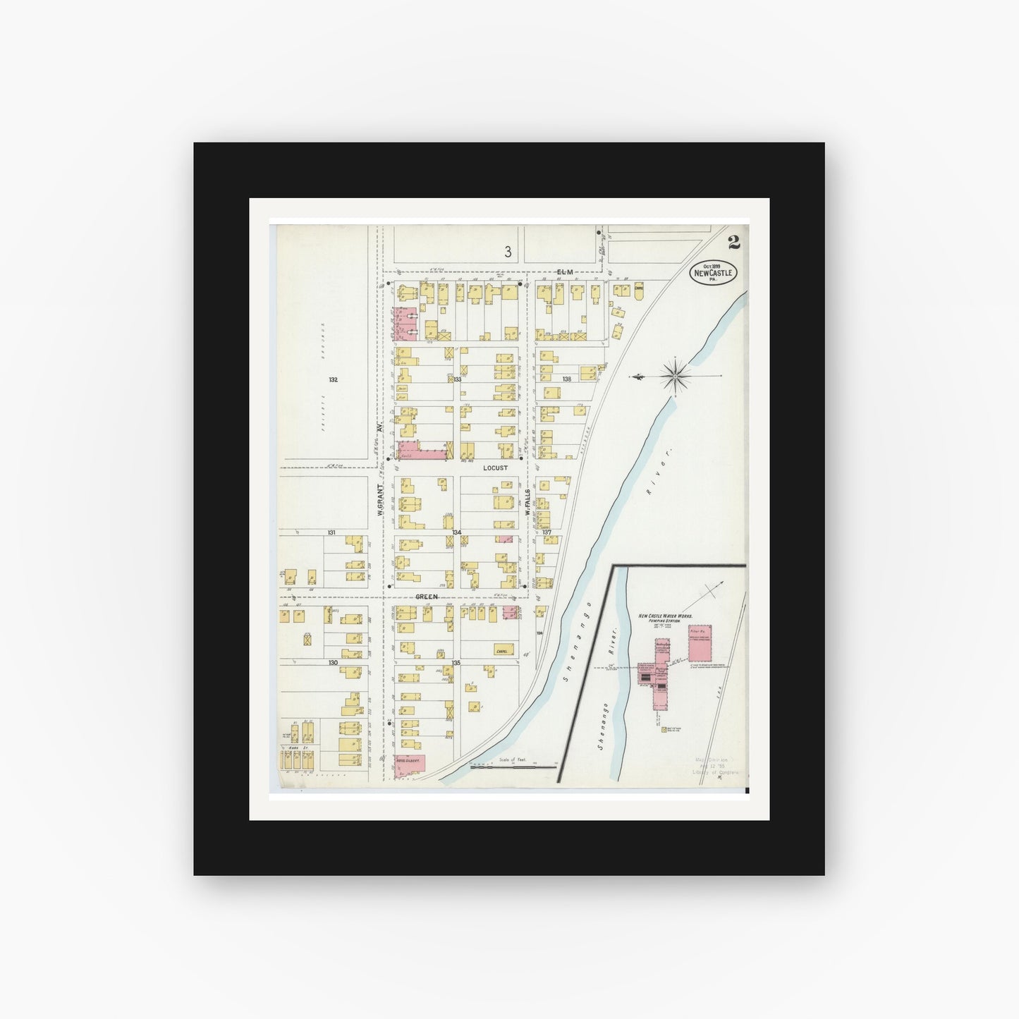 Old map wall art mockup — black gallery frame with white mat — Sanborn Fire Insurance Map from New Castle, Lawrence County, Pennsylvania (1899), Sheet #0002