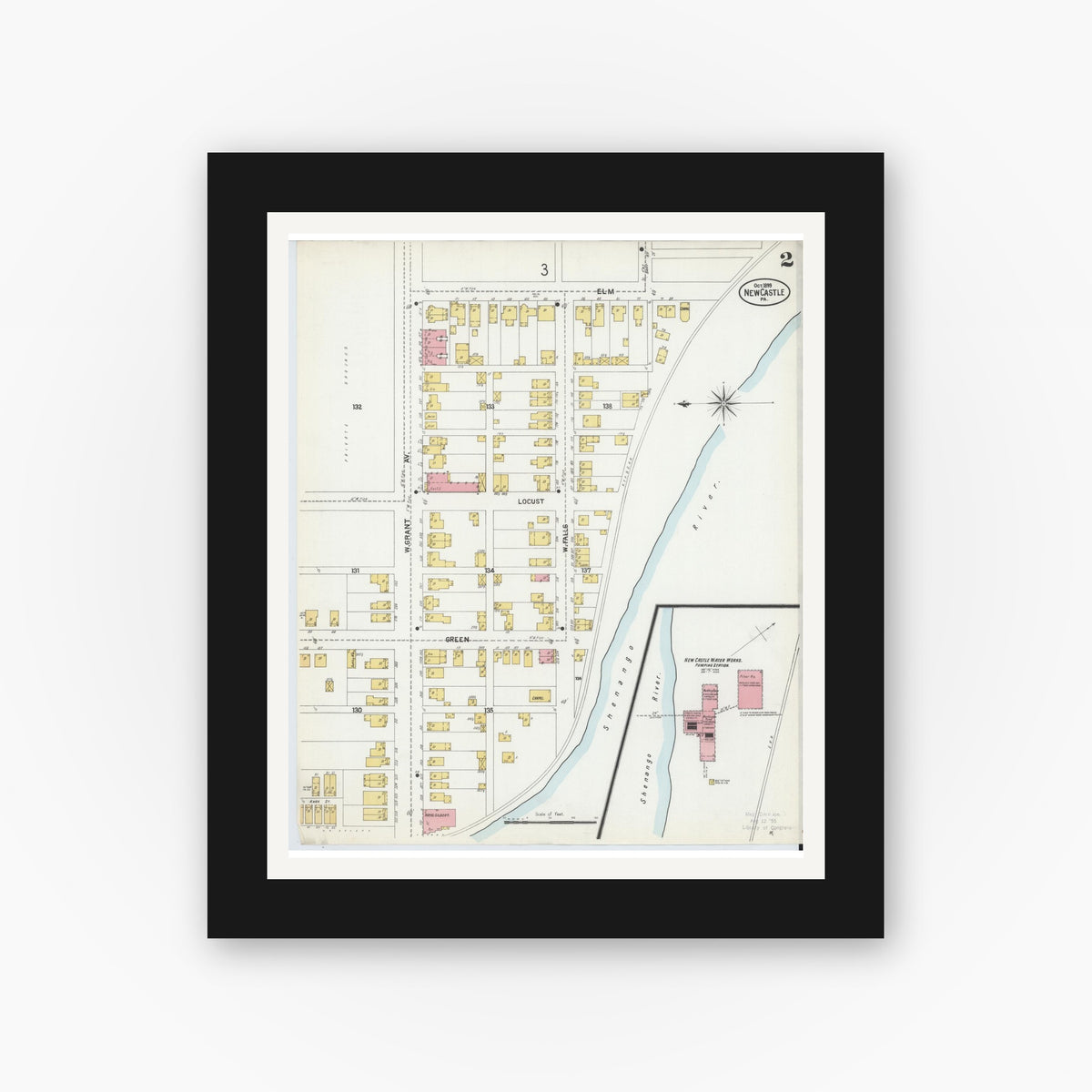 Old map wall art mockup — black gallery frame with white mat — Sanborn Fire Insurance Map from New Castle, Lawrence County, Pennsylvania (1899), Sheet #0002