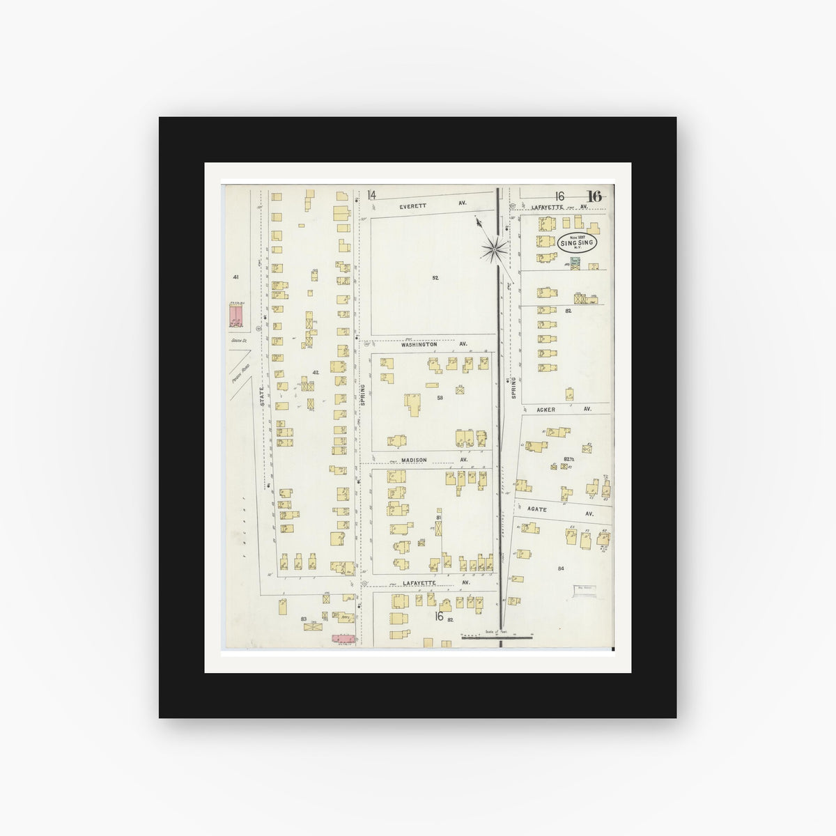 Old map wall art mockup — black gallery frame with white mat — Sanborn Fire Insurance Map from Sing Sing, Westchester County, New York (1897), Sheet #0016