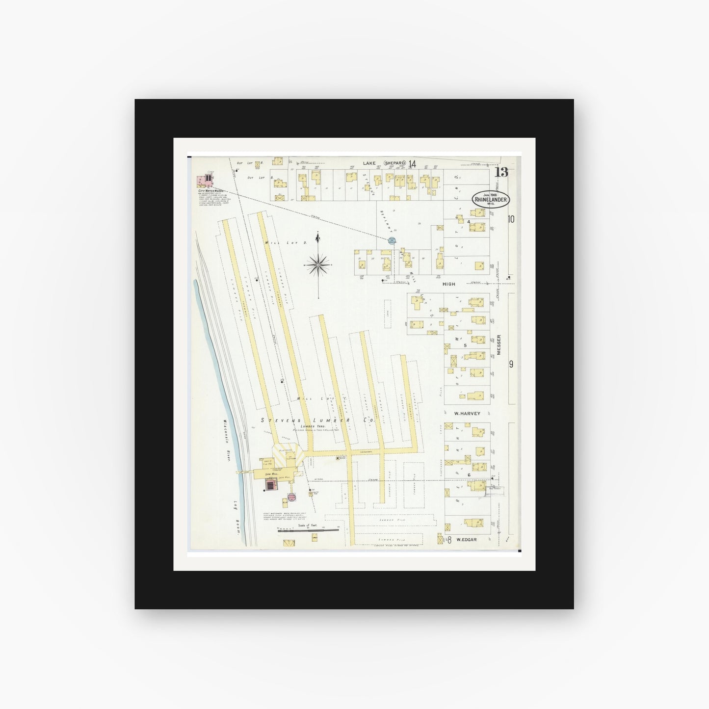Old map wall art mockup — black gallery frame with white mat — Sanborn Fire Insurance Map from Rhinelander, Oneida County, Wisconsin (1908), Sheet #0013