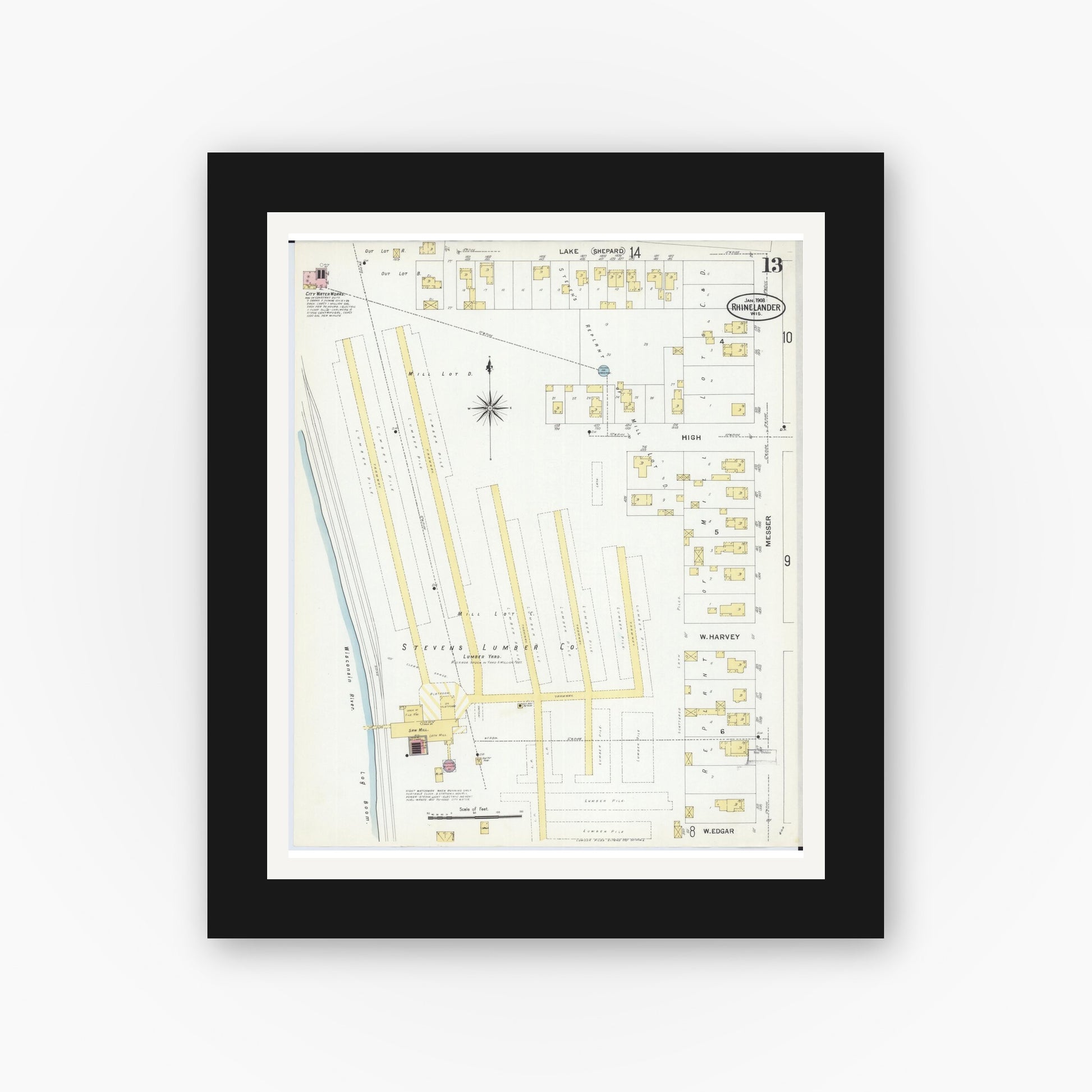 Old map wall art mockup — black gallery frame with white mat — Sanborn Fire Insurance Map from Rhinelander, Oneida County, Wisconsin (1908), Sheet #0013