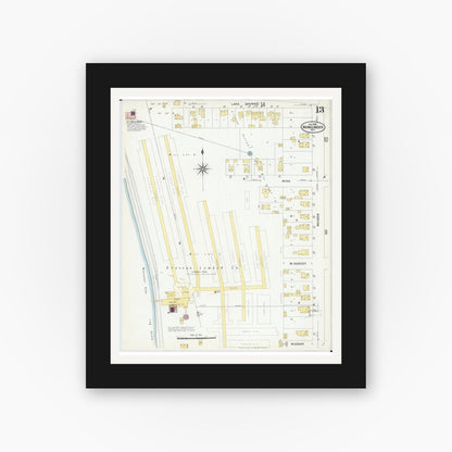 Old map wall art mockup — black gallery frame with white mat — Sanborn Fire Insurance Map from Rhinelander, Oneida County, Wisconsin (1908), Sheet #0013
