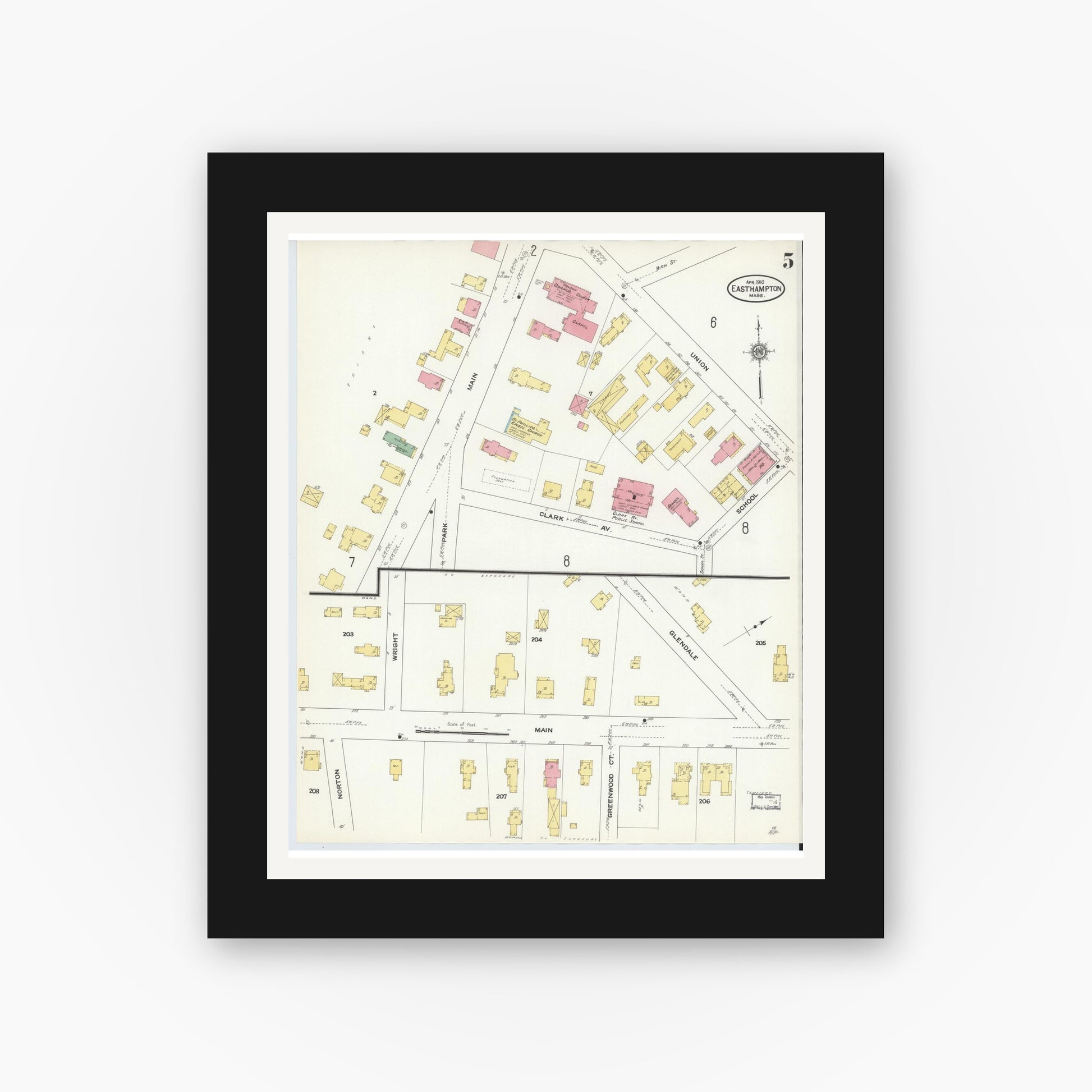 Old map wall art mockup — black gallery frame with white mat — Sanborn Fire Insurance Map from East Hampton, Hampshire County, Massachusetts (1910), Sheet #0005