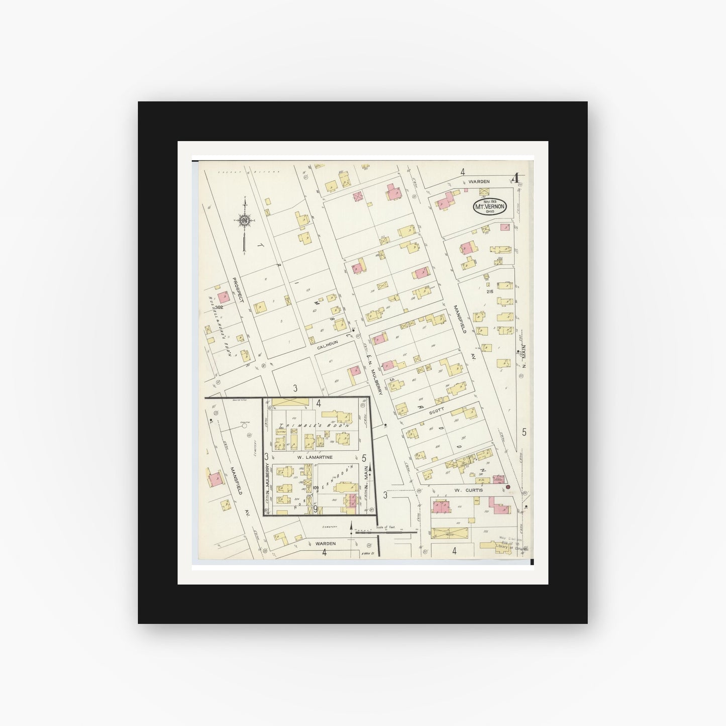 Old map wall art mockup — black gallery frame with white mat — Sanborn Fire Insurance Map from Mount Vernon, Knox County, Ohio (1913), Sheet #0004