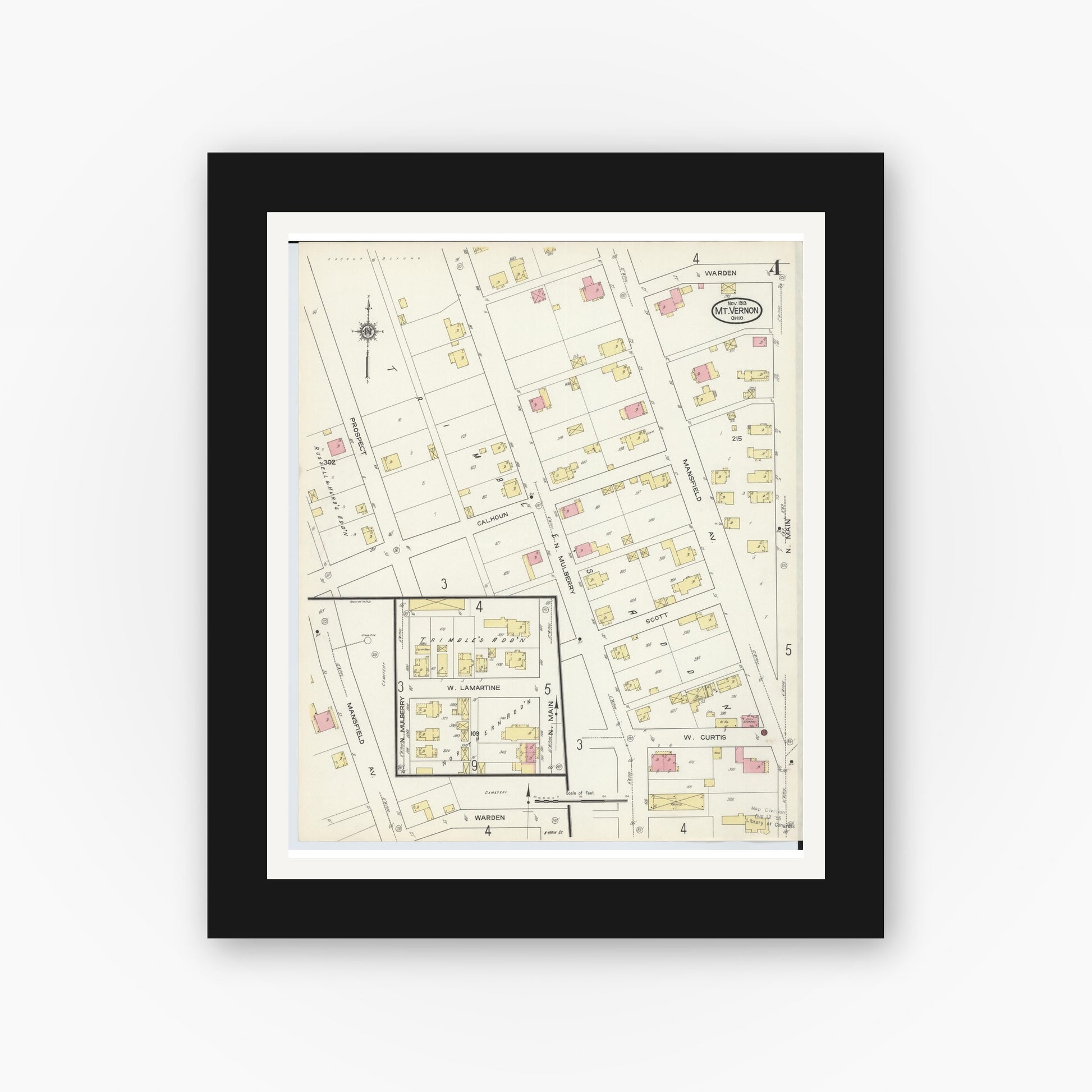 Old map wall art mockup — black gallery frame with white mat — Sanborn Fire Insurance Map from Mount Vernon, Knox County, Ohio (1913), Sheet #0004