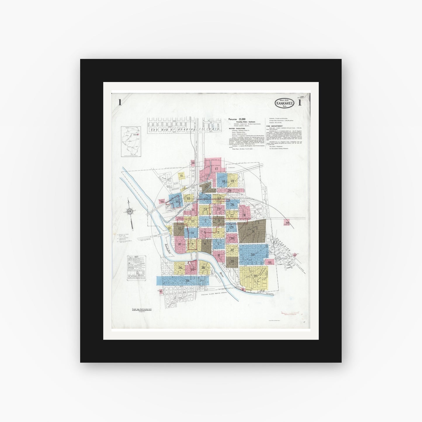 Old map wall art mockup — black gallery frame with white mat — Sanborn Fire Insurance Map from Kankakee, Kankakee County, Illinois (1930), Sheet #0001
