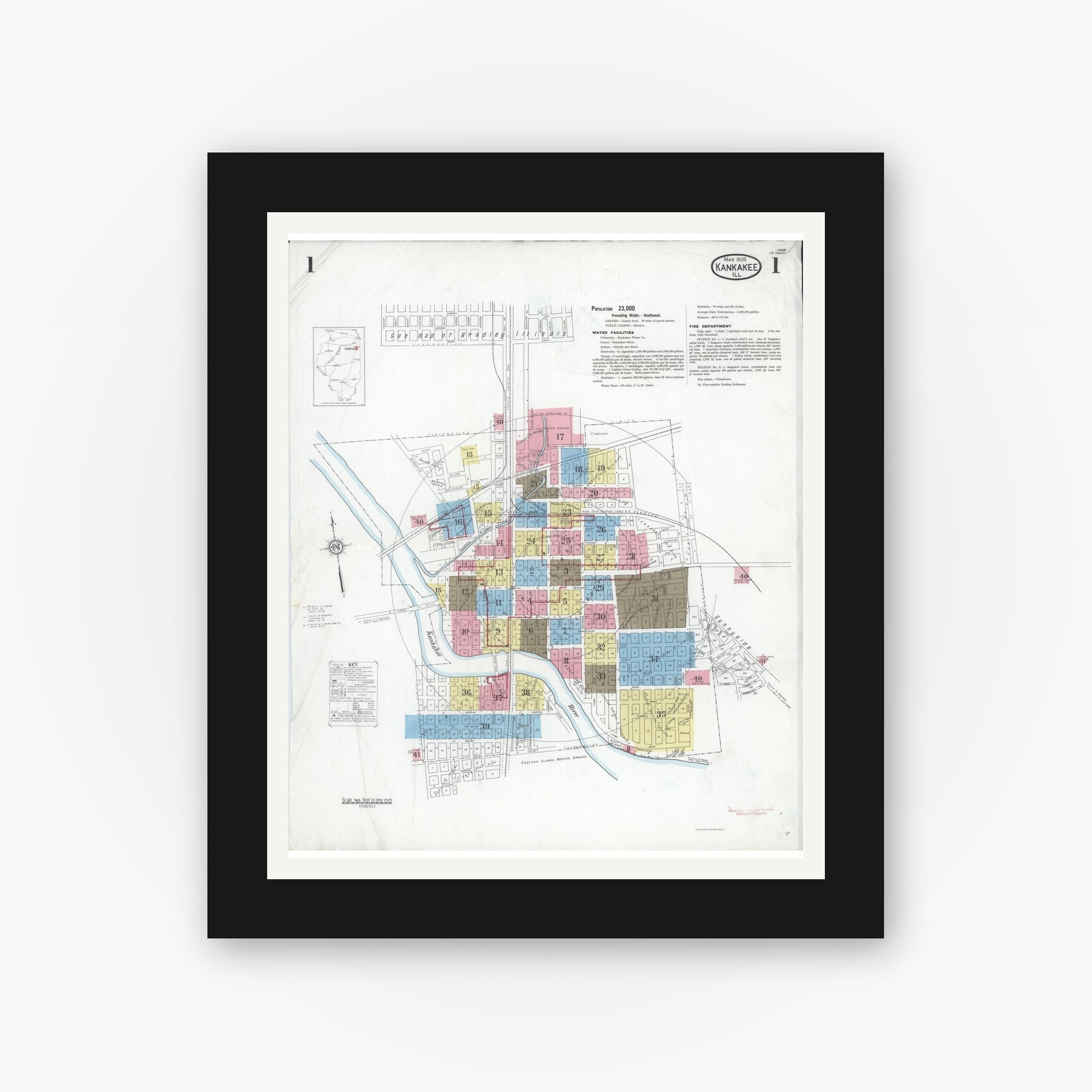 Old map wall art mockup — black gallery frame with white mat — Sanborn Fire Insurance Map from Kankakee, Kankakee County, Illinois (1930), Sheet #0001