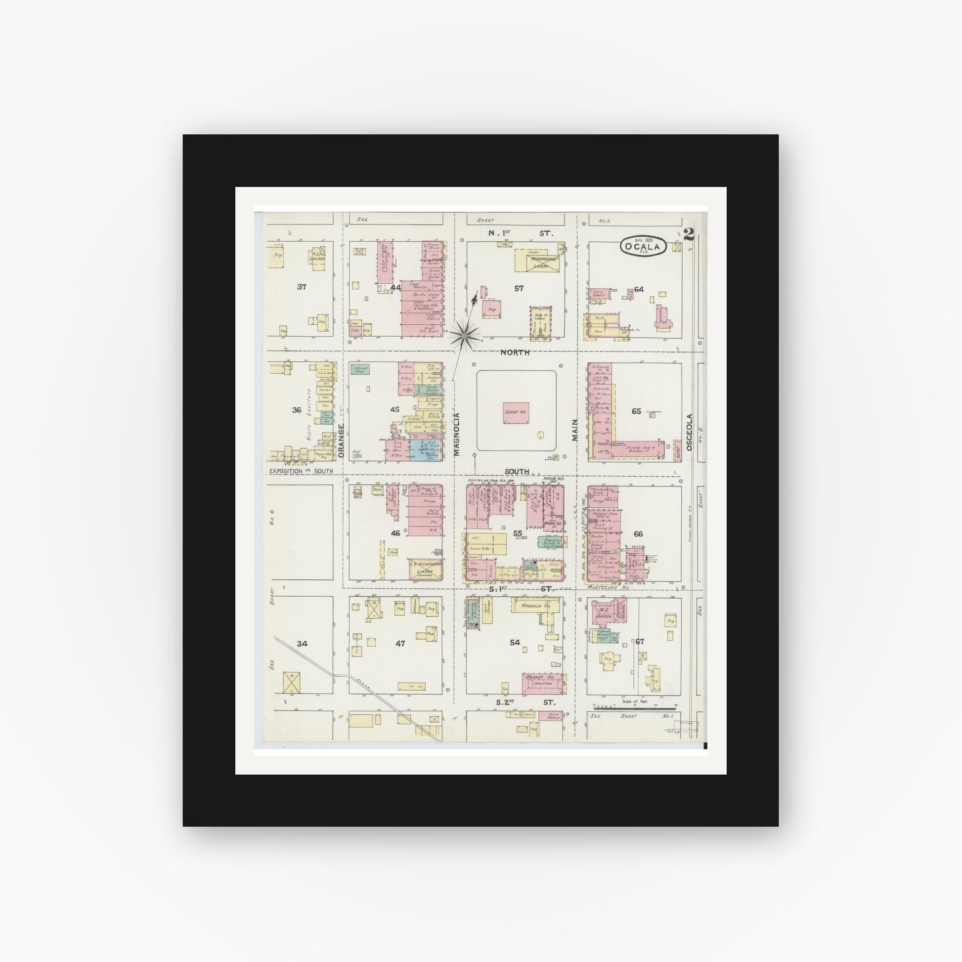 Old map wall art mockup — black gallery frame with white mat — Sanborn Fire Insurance Map from Ocala, Marion County, Florida (1891), Sheet #0002