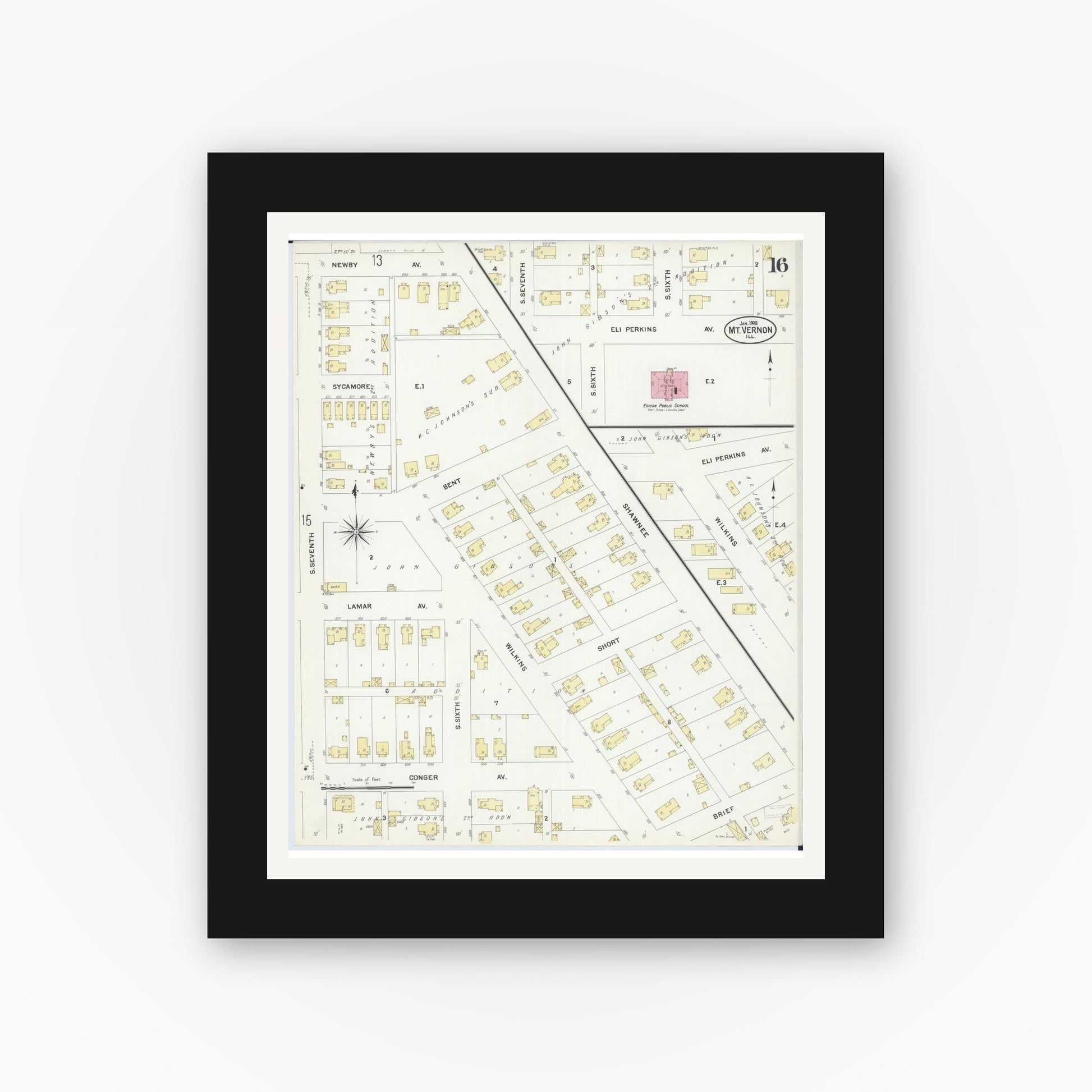 Old map wall art mockup — black gallery frame with white mat — Sanborn Fire Insurance Map from Mount Vernon, Jefferson County, Illinois (1908), Sheet #0016