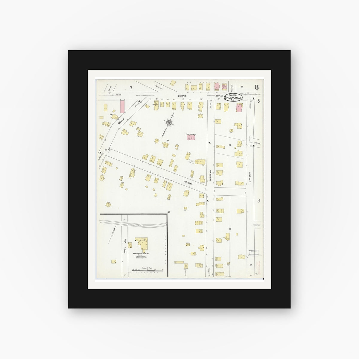 Old map wall art mockup — black gallery frame with white mat — Sanborn Fire Insurance Map from Salamanca, Cattaraugus County, New York (1910), Sheet #0008