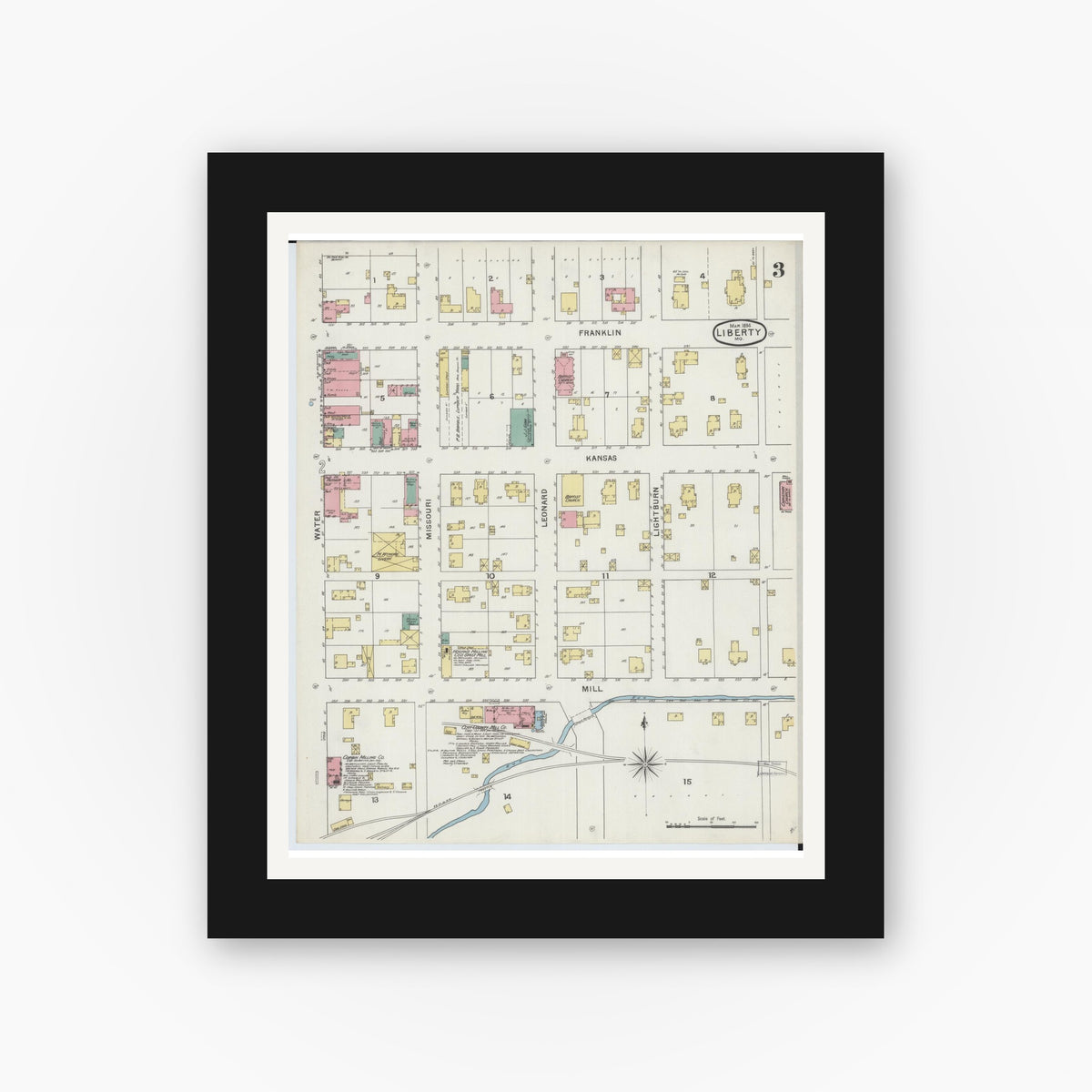Old map wall art mockup — black gallery frame with white mat — Sanborn Fire Insurance Map from Liberty, Clay County, Missouri (1894), Sheet #0003