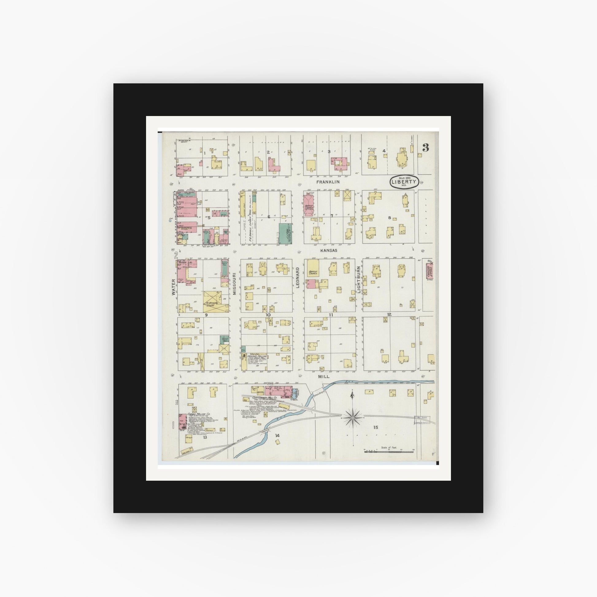 Old map wall art mockup — black gallery frame with white mat — Sanborn Fire Insurance Map from Liberty, Clay County, Missouri (1894), Sheet #0003