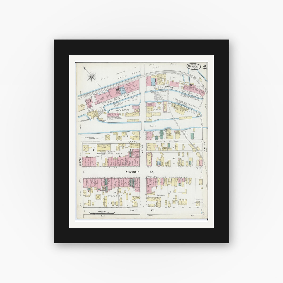 Old map wall art mockup — black gallery frame with white mat — Sanborn Fire Insurance Map from Neenah, Winnebago County, Wisconsin (1891), Sheet #0002