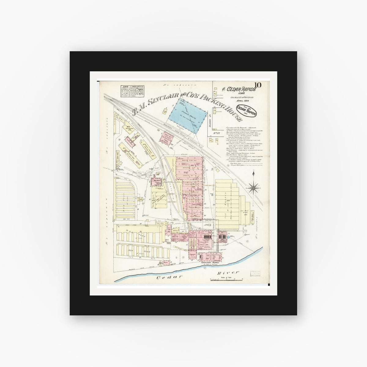 Old map wall art mockup — black gallery frame with white mat — Sanborn Fire Insurance Map from Cedar Rapids, Linn County, Iowa (1884), Sheet #0010