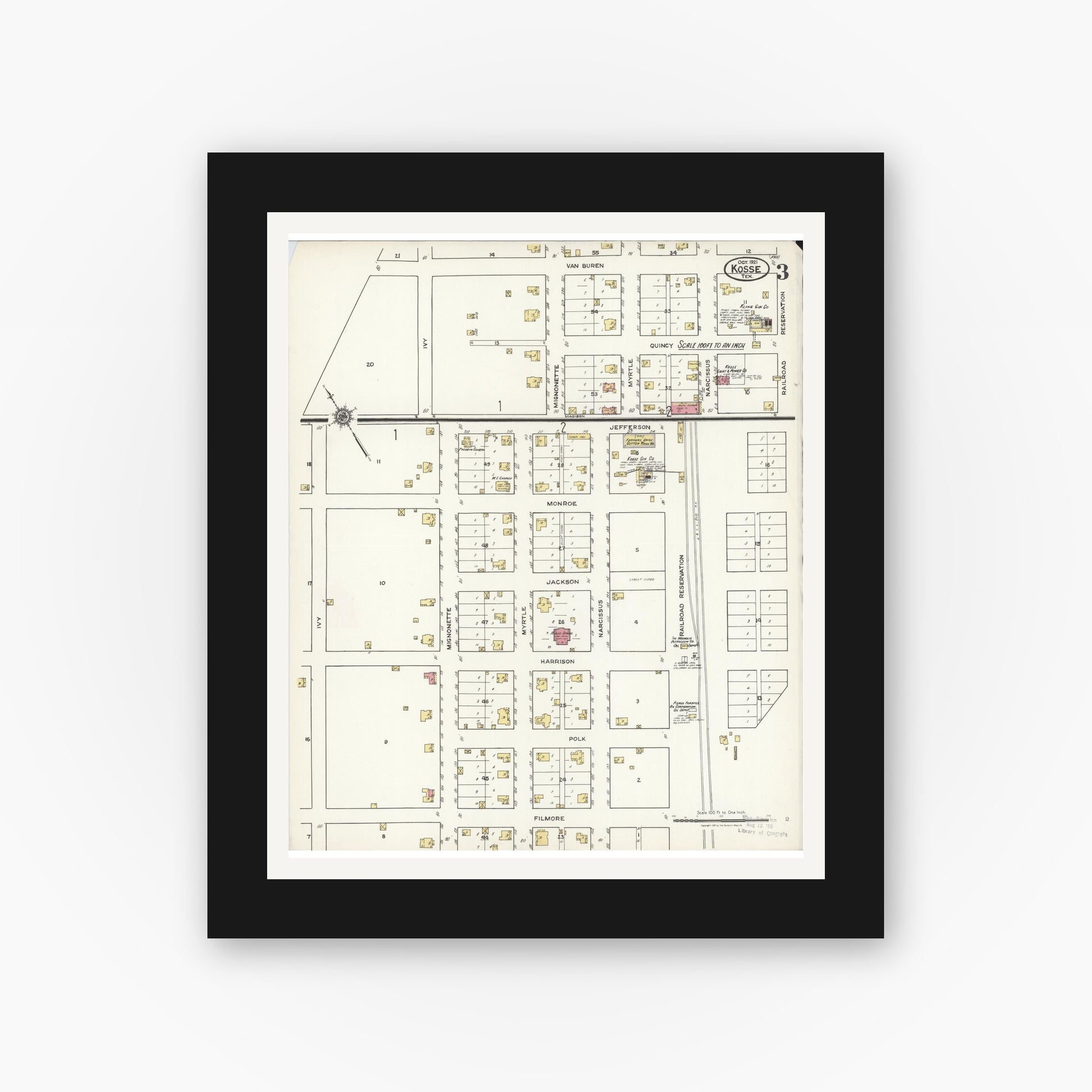 Old map wall art mockup — black gallery frame with white mat — Sanborn Fire Insurance Map from Kosse, Limestone County, Texas (1921), Sheet #0003