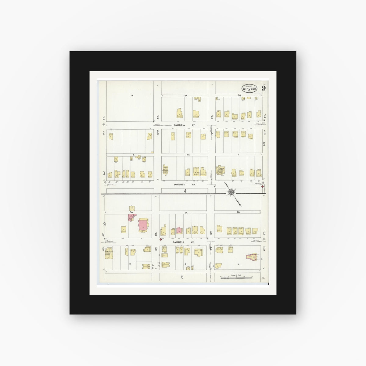 Old map wall art mockup — black gallery frame with white mat — Sanborn Fire Insurance Map from Windber, Somerset County, Pennsylvania (1910), Sheet #0009