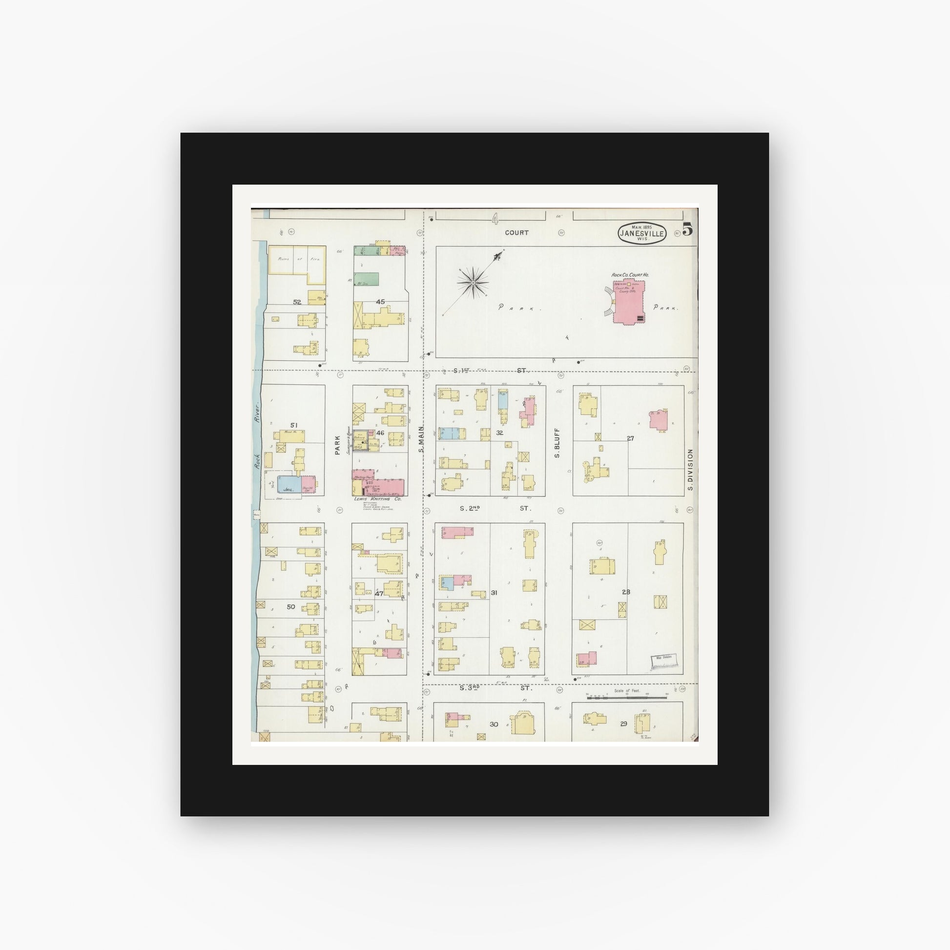 Old map wall art mockup — black gallery frame with white mat — Sanborn Fire Insurance Map from Janesville, Rock County, Wisconsin (1895), Sheet #0005