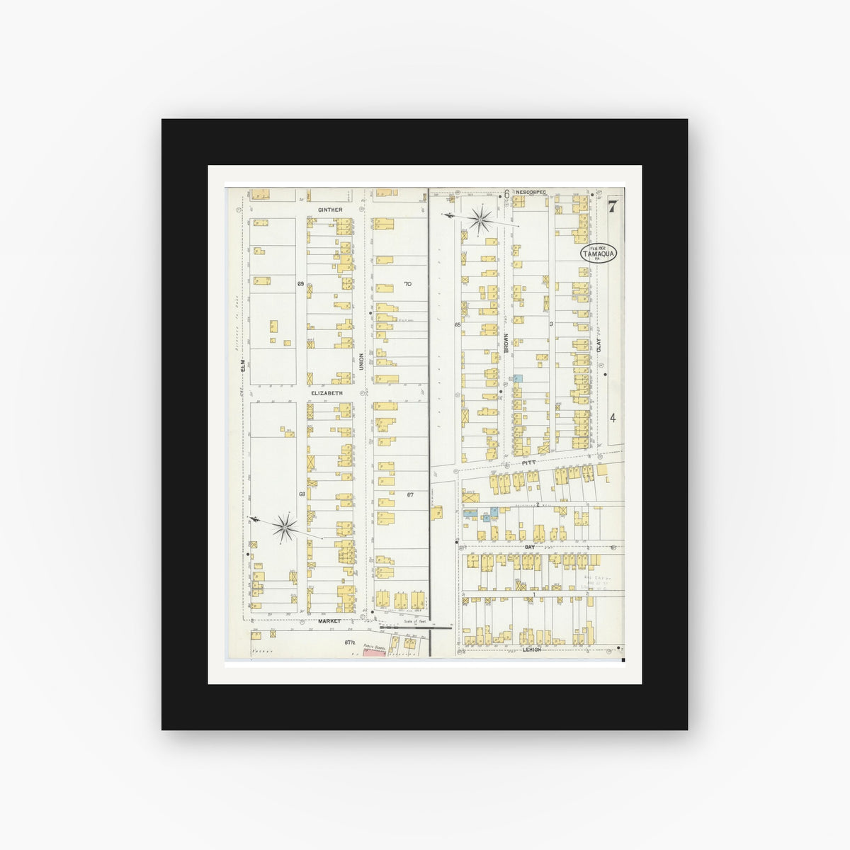 Old map wall art mockup — black gallery frame with white mat — Sanborn Fire Insurance Map from Tamaqua, Schuylkill County, Pennsylvania (1902), Sheet #0007