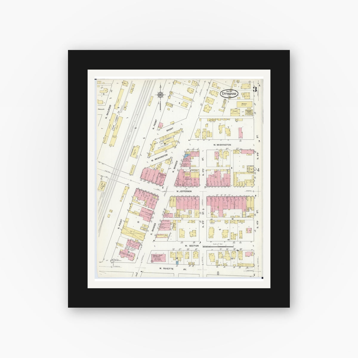 Old map wall art mockup — black gallery frame with white mat — Sanborn Fire Insurance Map from Effingham, Effingham County, Illinois (1911), Sheet #0003