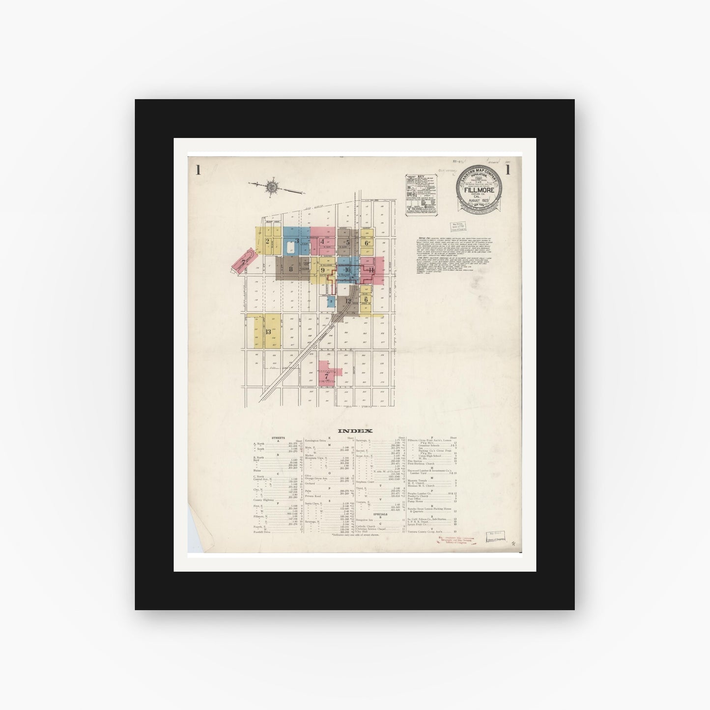 Old map wall art mockup — black gallery frame with white mat — Sanborn Fire Insurance Map from Fillmore, Ventura County, California (1923) - Complete Map Set