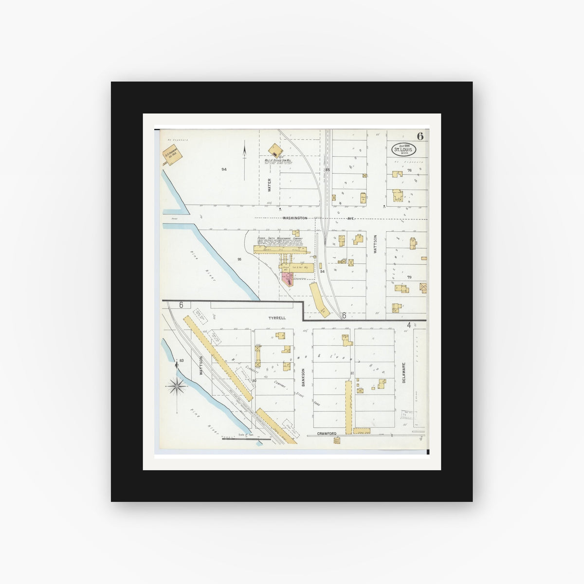 Old map wall art mockup — black gallery frame with white mat — Sanborn Fire Insurance Map from Saint Louis, Gratiot County, Michigan (1899), Sheet #0006