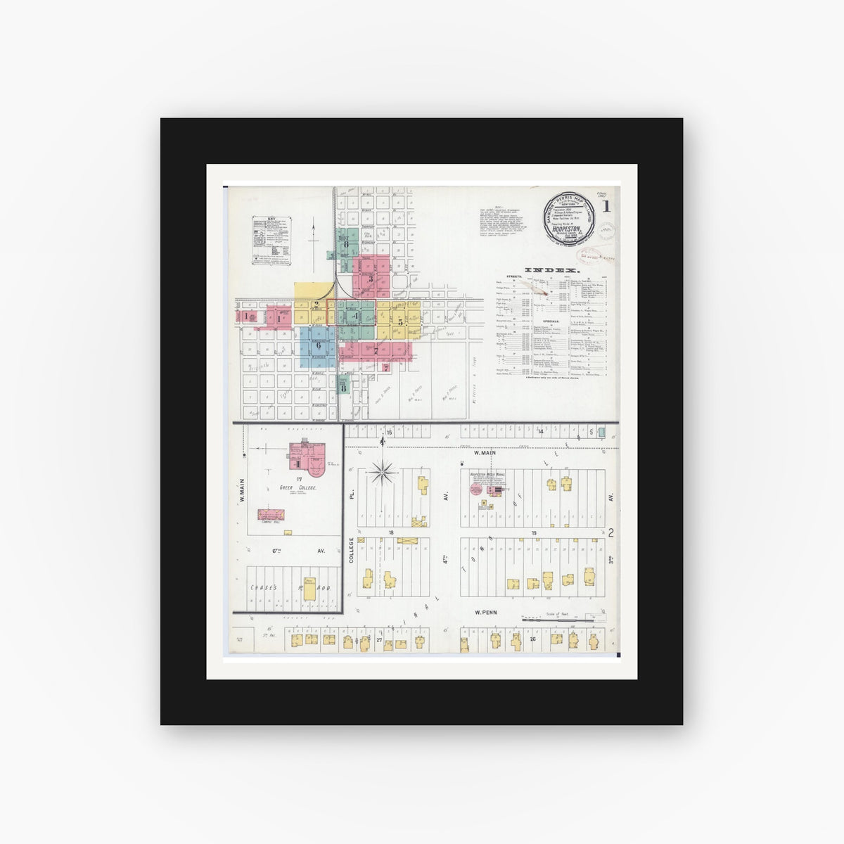 Old map wall art mockup — black gallery frame with white mat — Sanborn Fire Insurance Map from Hoopeston, Vermilion County, Illinois (1899), Sheet #0001