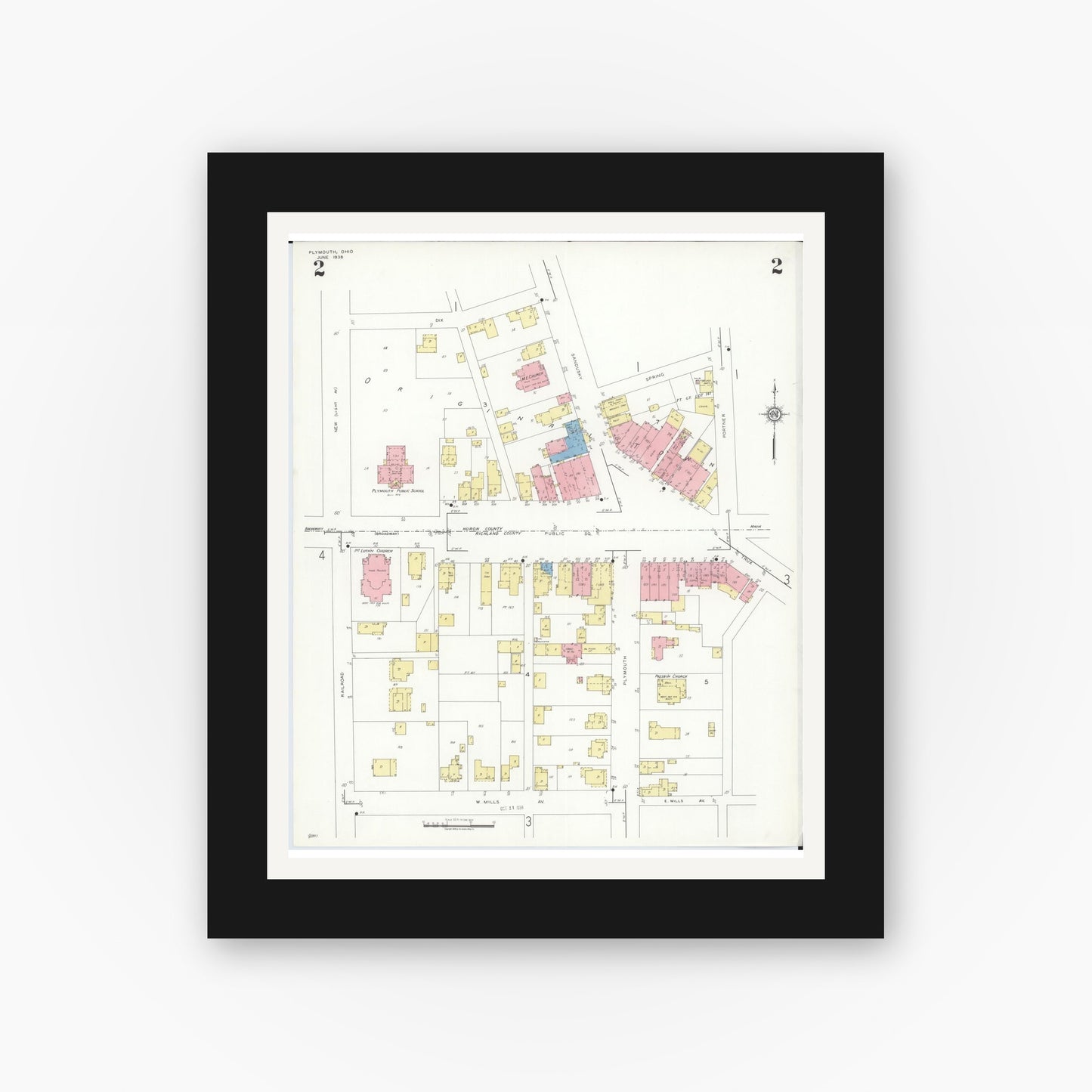 Old map wall art mockup — black gallery frame with white mat — Sanborn Fire Insurance Map from Plymouth, Huron And Richland Counties, Ohio (1938), Sheet #0002