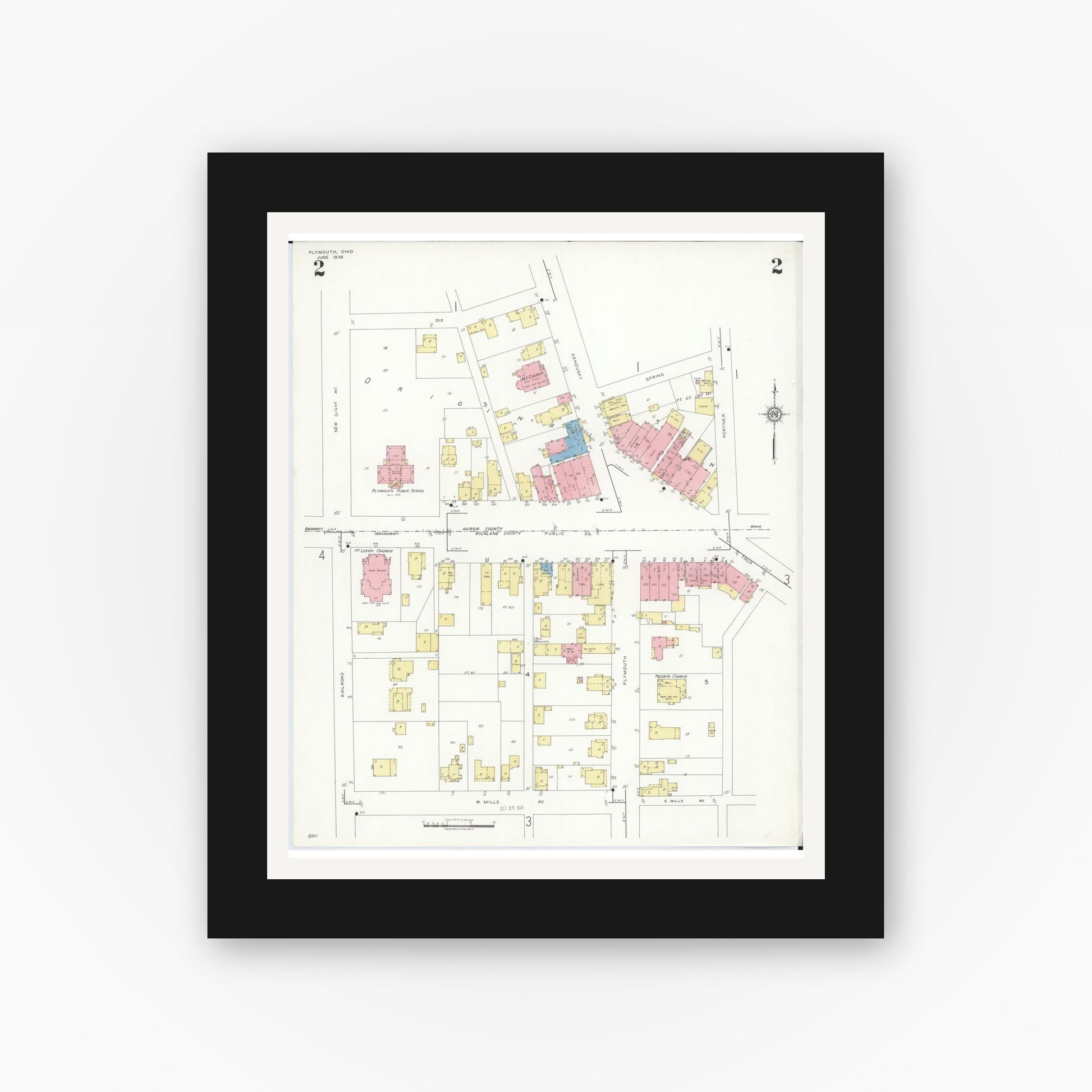 Old map wall art mockup — black gallery frame with white mat — Sanborn Fire Insurance Map from Plymouth, Huron And Richland Counties, Ohio (1938), Sheet #0002