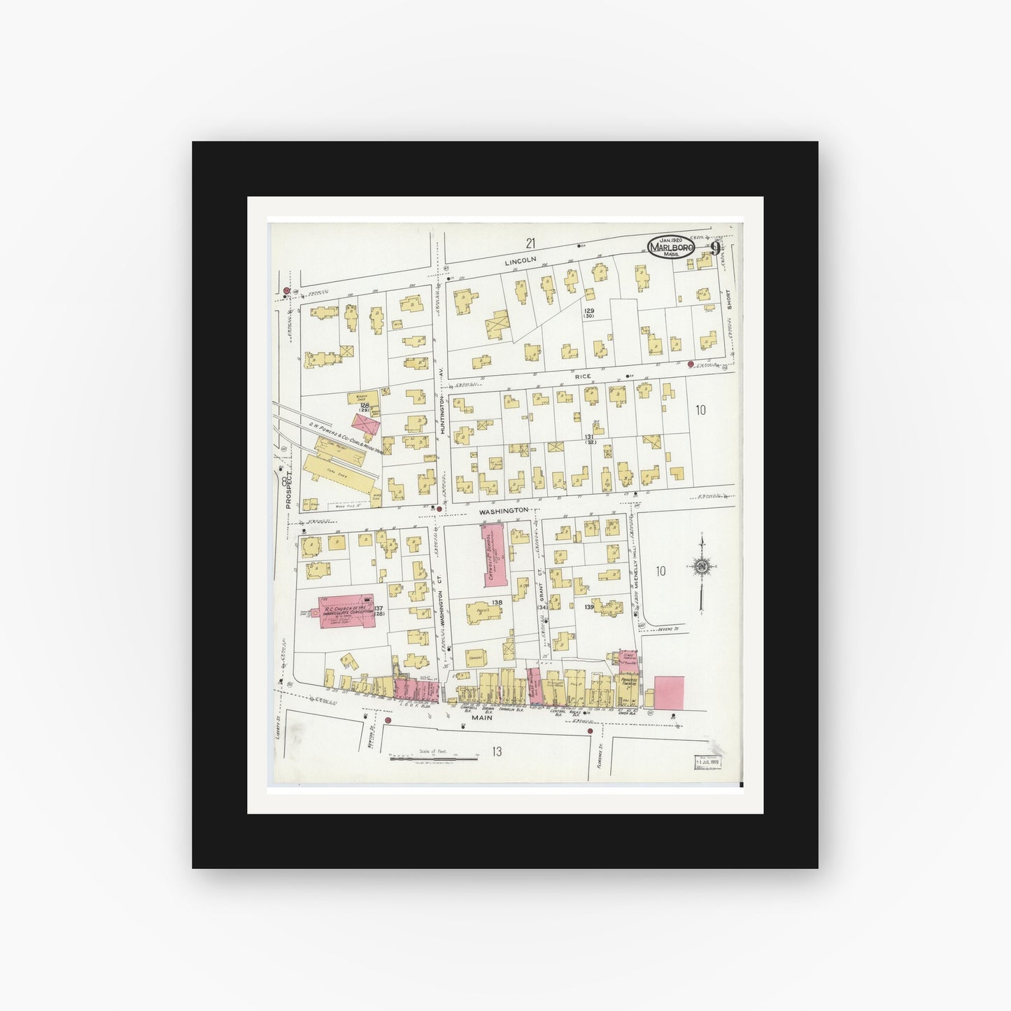 Old map wall art mockup — black gallery frame with white mat — Sanborn Fire Insurance Map from Marlborough, Middlesex County, Massachusetts (1920), Sheet #0009