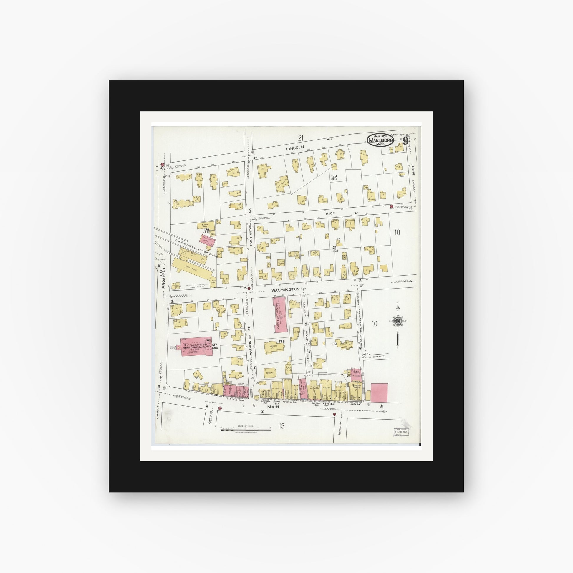 Old map wall art mockup — black gallery frame with white mat — Sanborn Fire Insurance Map from Marlborough, Middlesex County, Massachusetts (1920), Sheet #0009