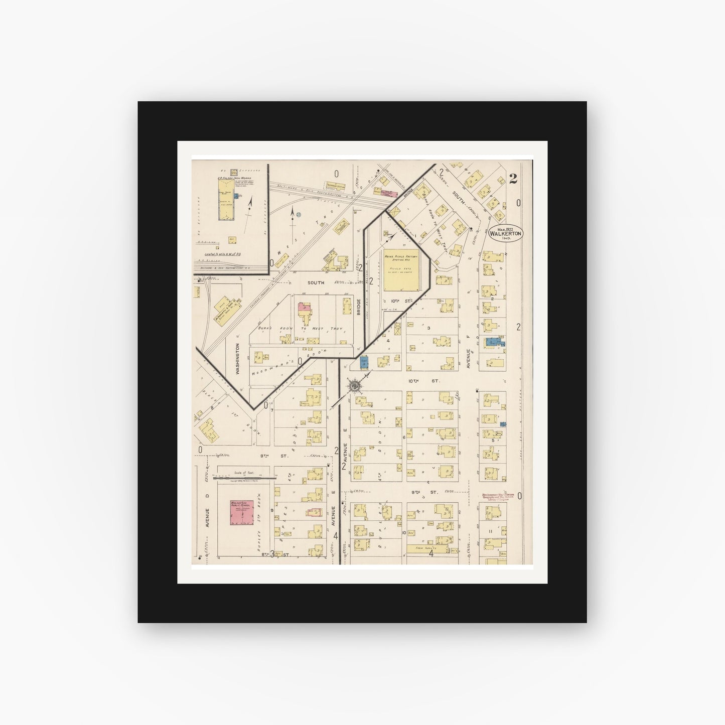 Old map wall art mockup — black gallery frame with white mat — Sanborn Fire Insurance Map from Walkerton, Saint Joseph County, Indiana (1922), Sheet #0002