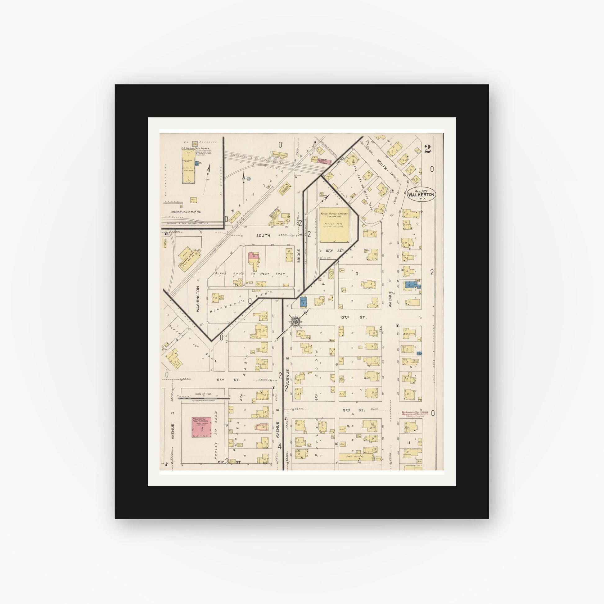 Old map wall art mockup — black gallery frame with white mat — Sanborn Fire Insurance Map from Walkerton, Saint Joseph County, Indiana (1922), Sheet #0002