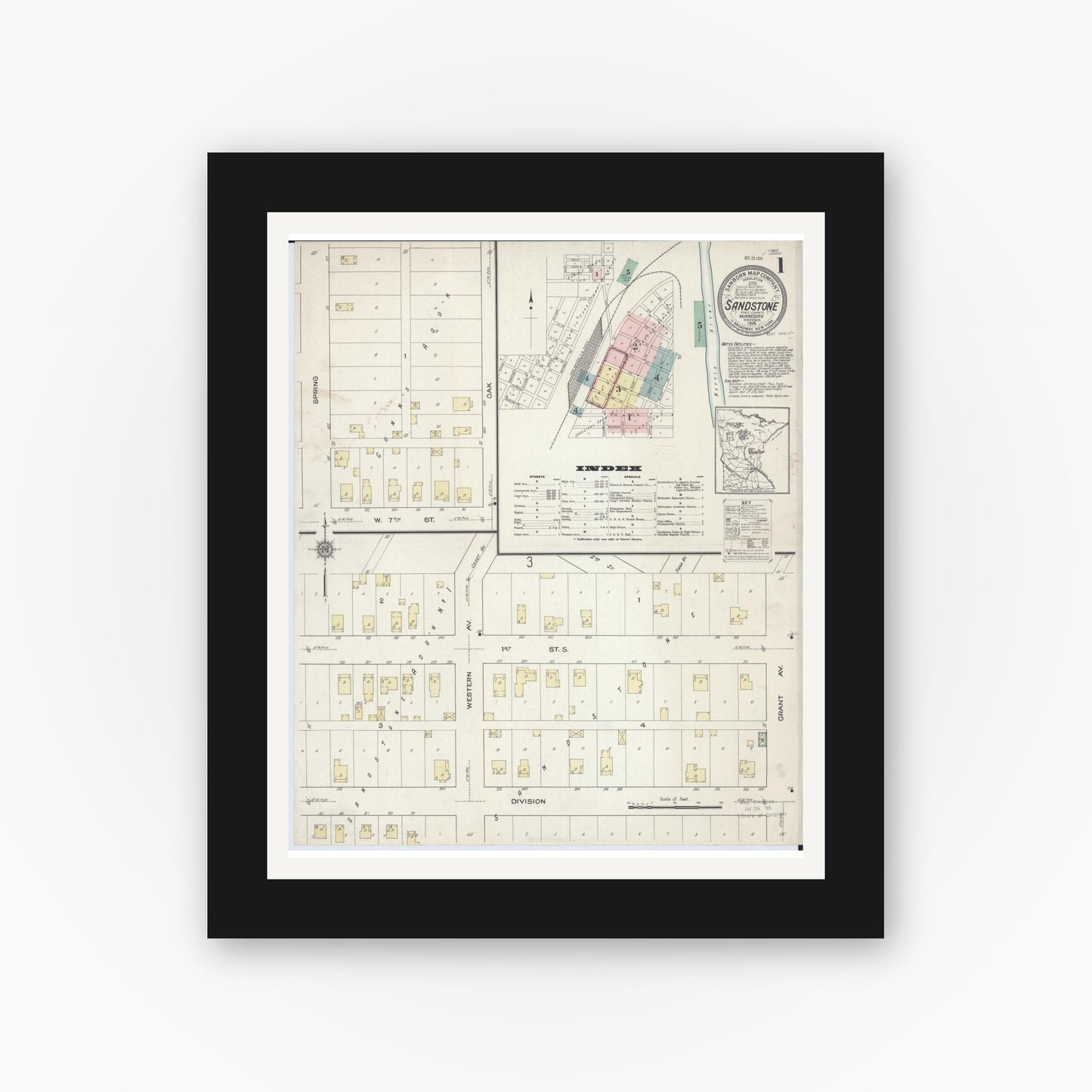 Old map wall art mockup — black gallery frame with white mat — Sanborn Fire Insurance Map from Sandstone, Pine County, Minnesota (1914) - Complete Map Set