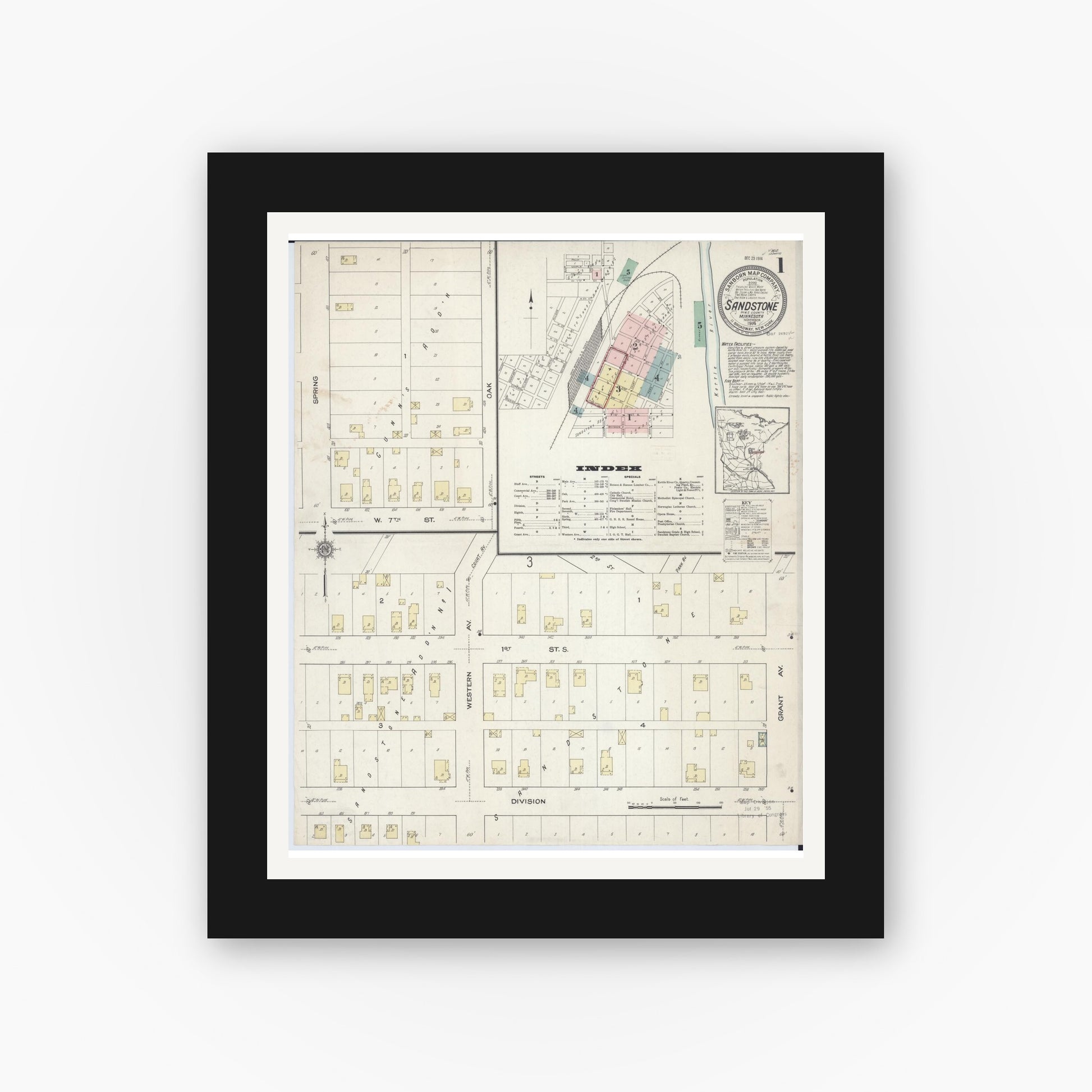 Old map wall art mockup — black gallery frame with white mat — Sanborn Fire Insurance Map from Sandstone, Pine County, Minnesota (1914) - Complete Map Set