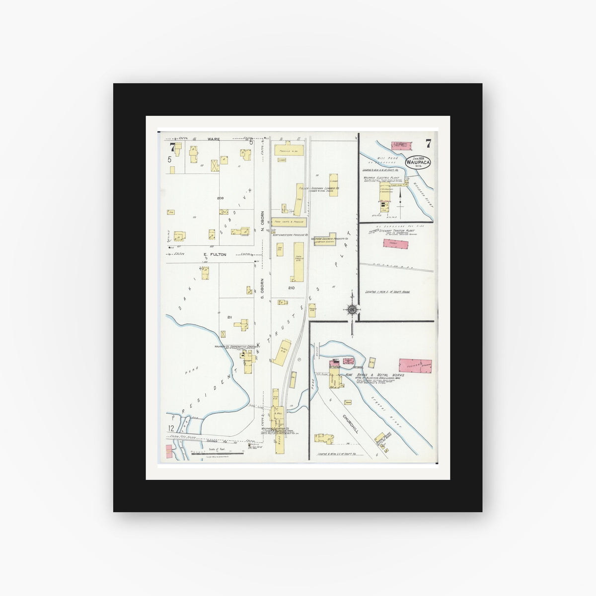 Old map wall art mockup — black gallery frame with white mat — Sanborn Fire Insurance Map from Waupaca, Waupaca County, Wisconsin (1924), Sheet #0007