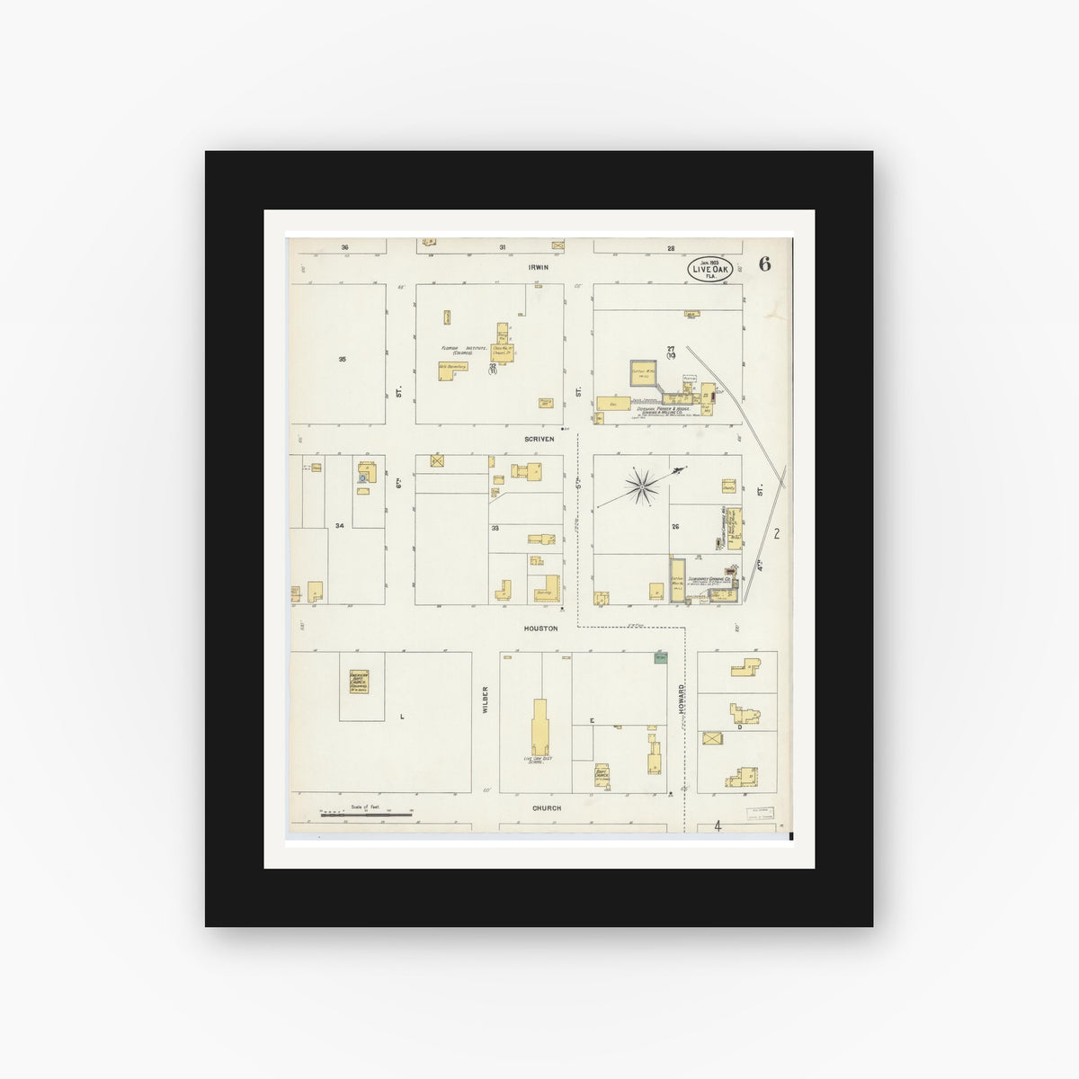 Old map wall art mockup — black gallery frame with white mat — Sanborn Fire Insurance Map from Live Oak, Suwanee County, Florida (1903), Sheet #0006