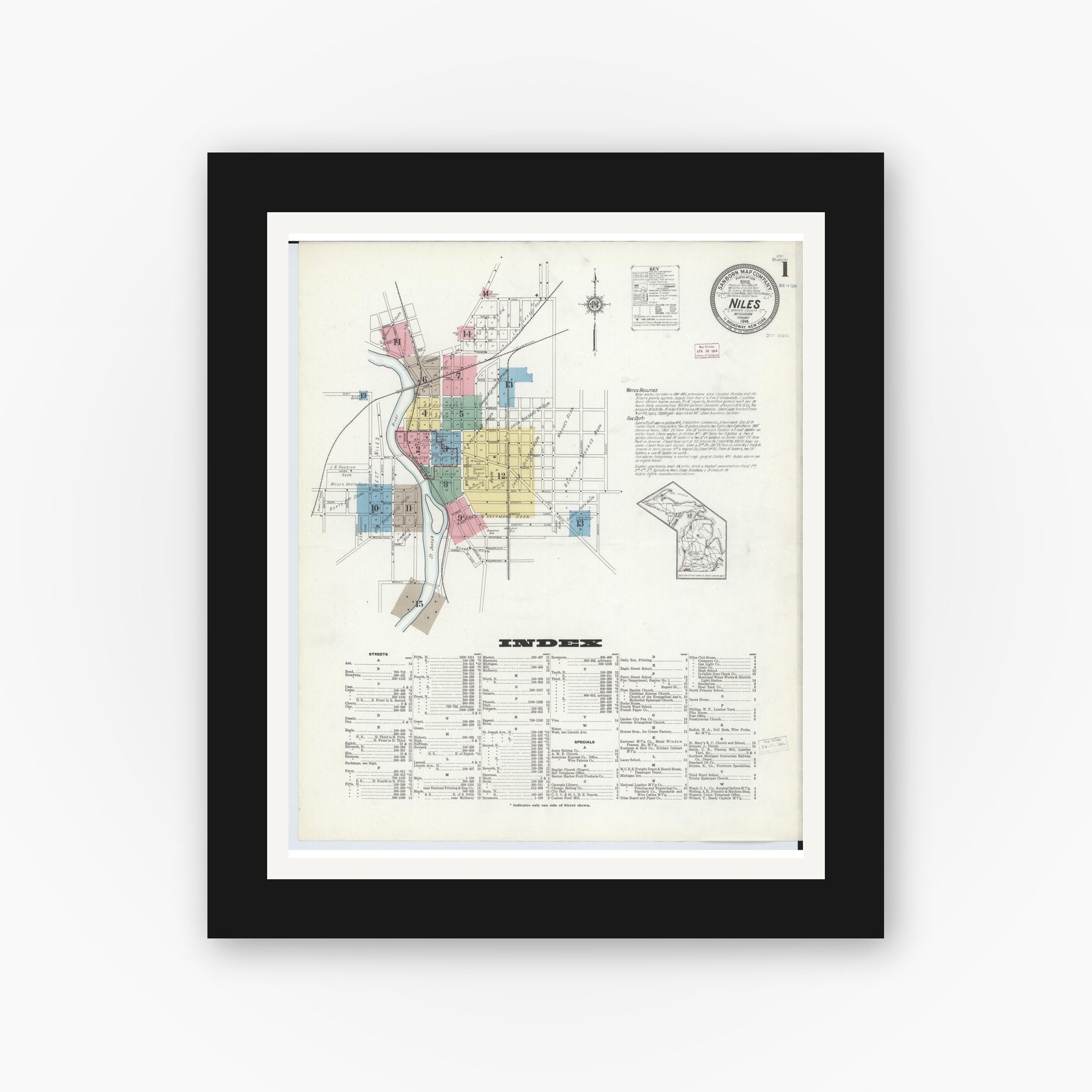 Old map wall art mockup — black gallery frame with white mat — Sanborn Fire Insurance Map from Niles, Berrien County, Michigan (1914), Sheet #0001