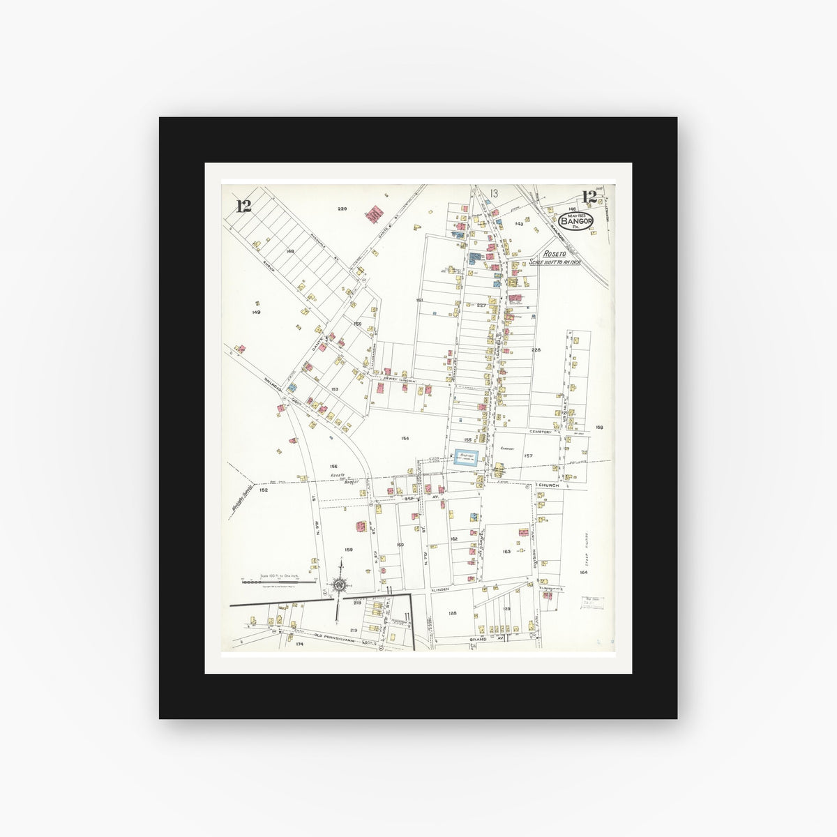 Old map wall art mockup — black gallery frame with white mat — Sanborn Fire Insurance Map from Bangor, Northampton County, Pennsylvania (1923), Sheet #0012