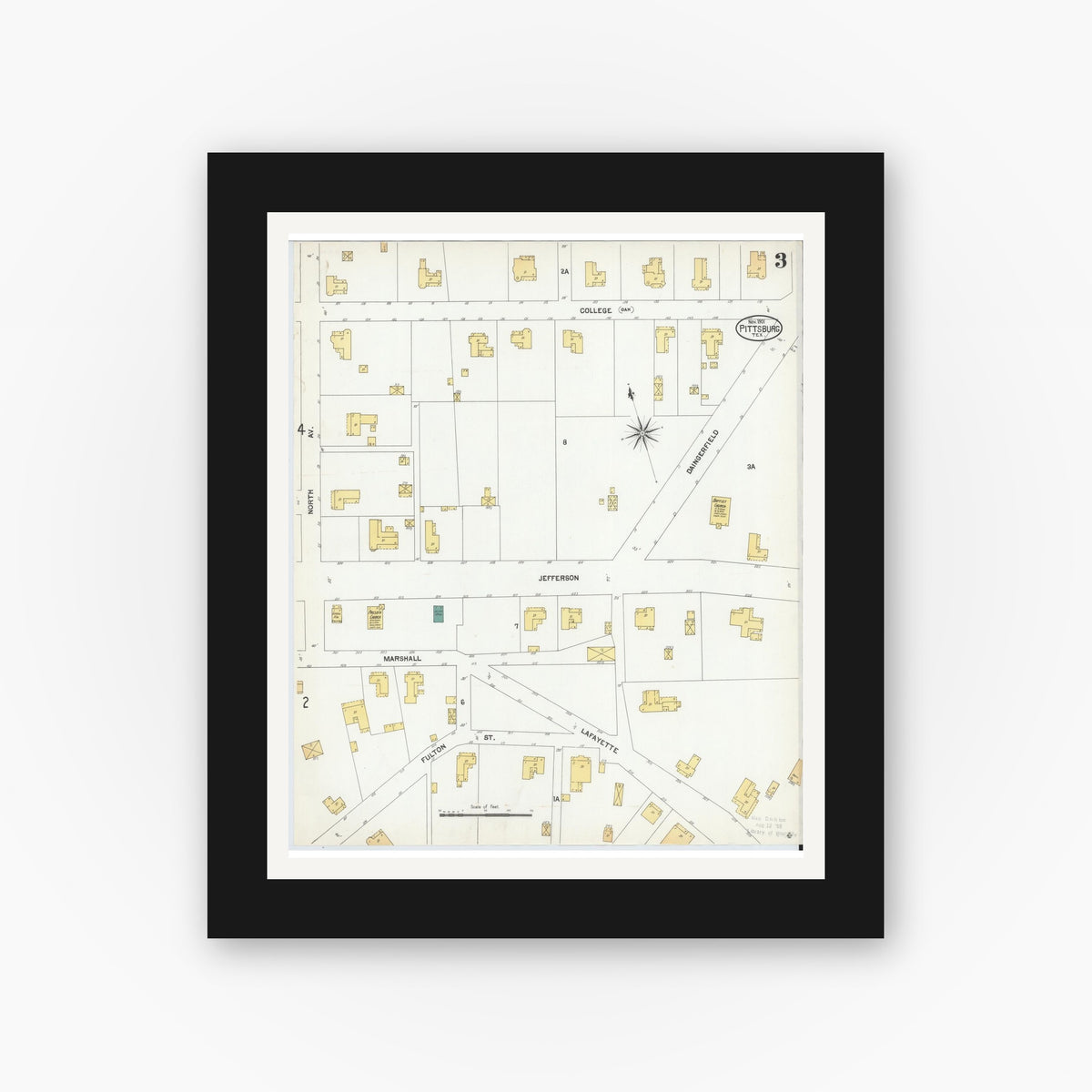 Old map wall art mockup — black gallery frame with white mat — Sanborn Fire Insurance Map from Pittsburg, Camp County, Texas (1901), Sheet #0003