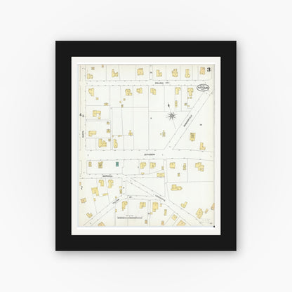 Old map wall art mockup — black gallery frame with white mat — Sanborn Fire Insurance Map from Pittsburg, Camp County, Texas (1901), Sheet #0003