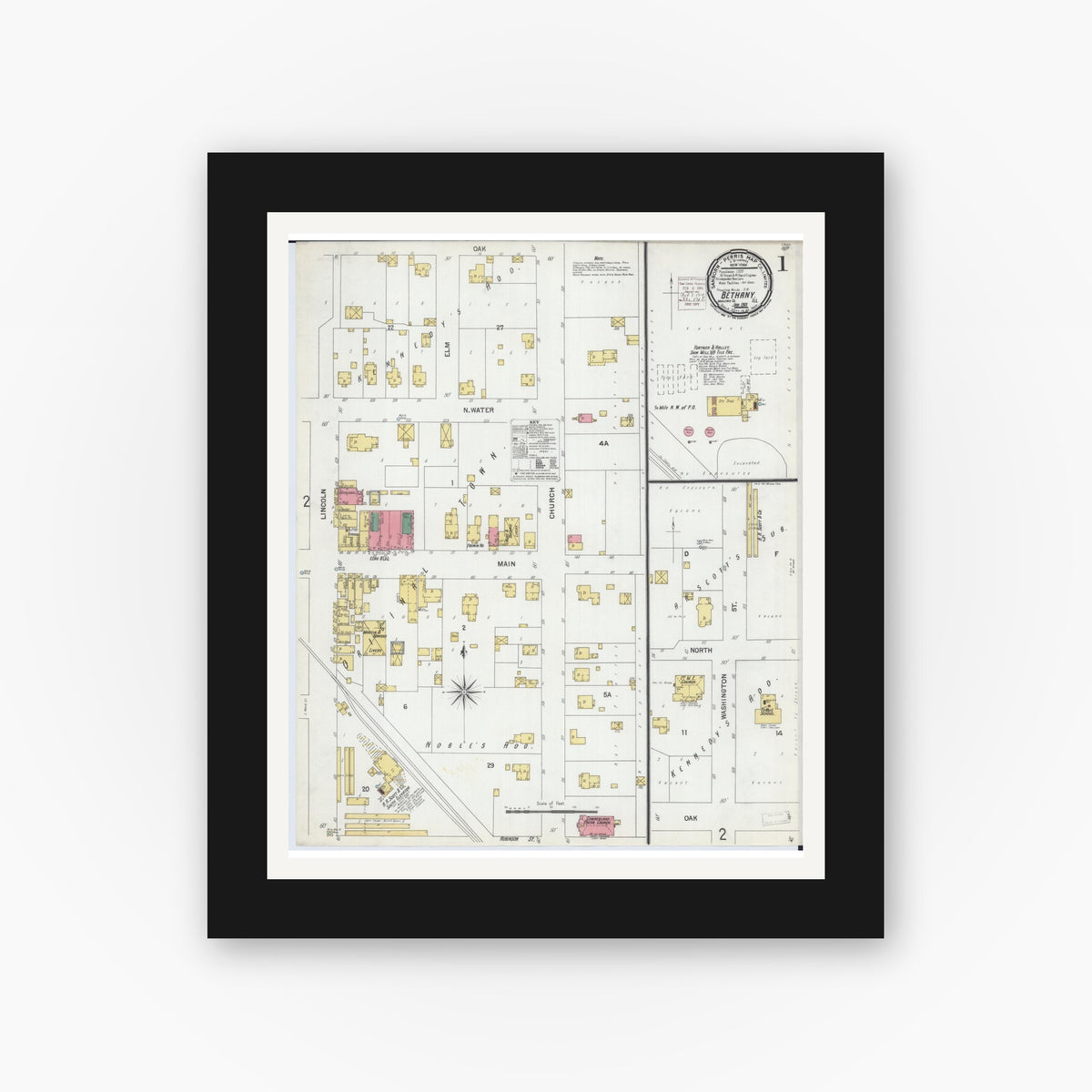 Old map wall art mockup — black gallery frame with white mat — Sanborn Fire Insurance Map from Bethany, Moultrie County, Illinois (1901) - Complete Map Set