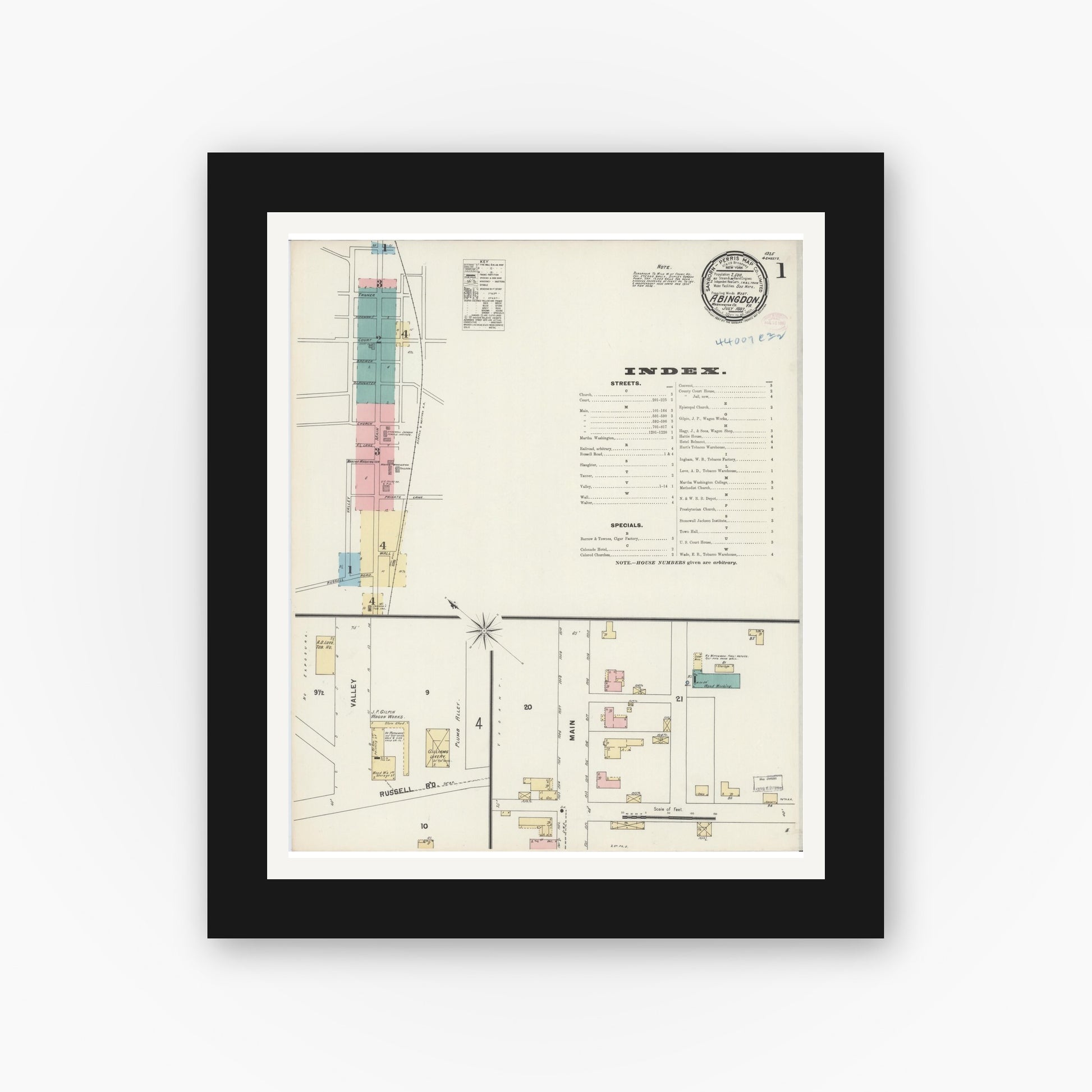 Old map wall art mockup — black gallery frame with white mat — Sanborn Fire Insurance Map from Abingdon, Washington County, Virginia (1897) - Complete Map Set